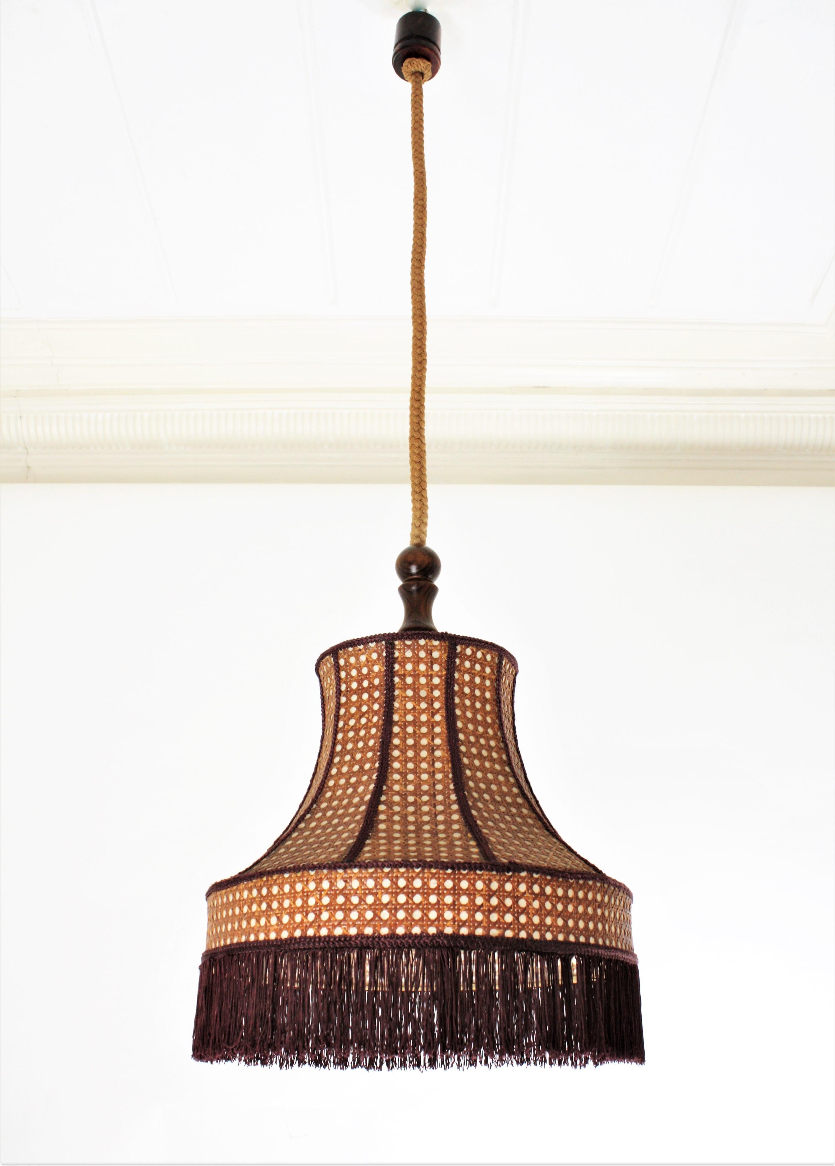 French Rattan Wicker Pendant Hanging Lamp with Pagoda Shape and Fringed Bottom
