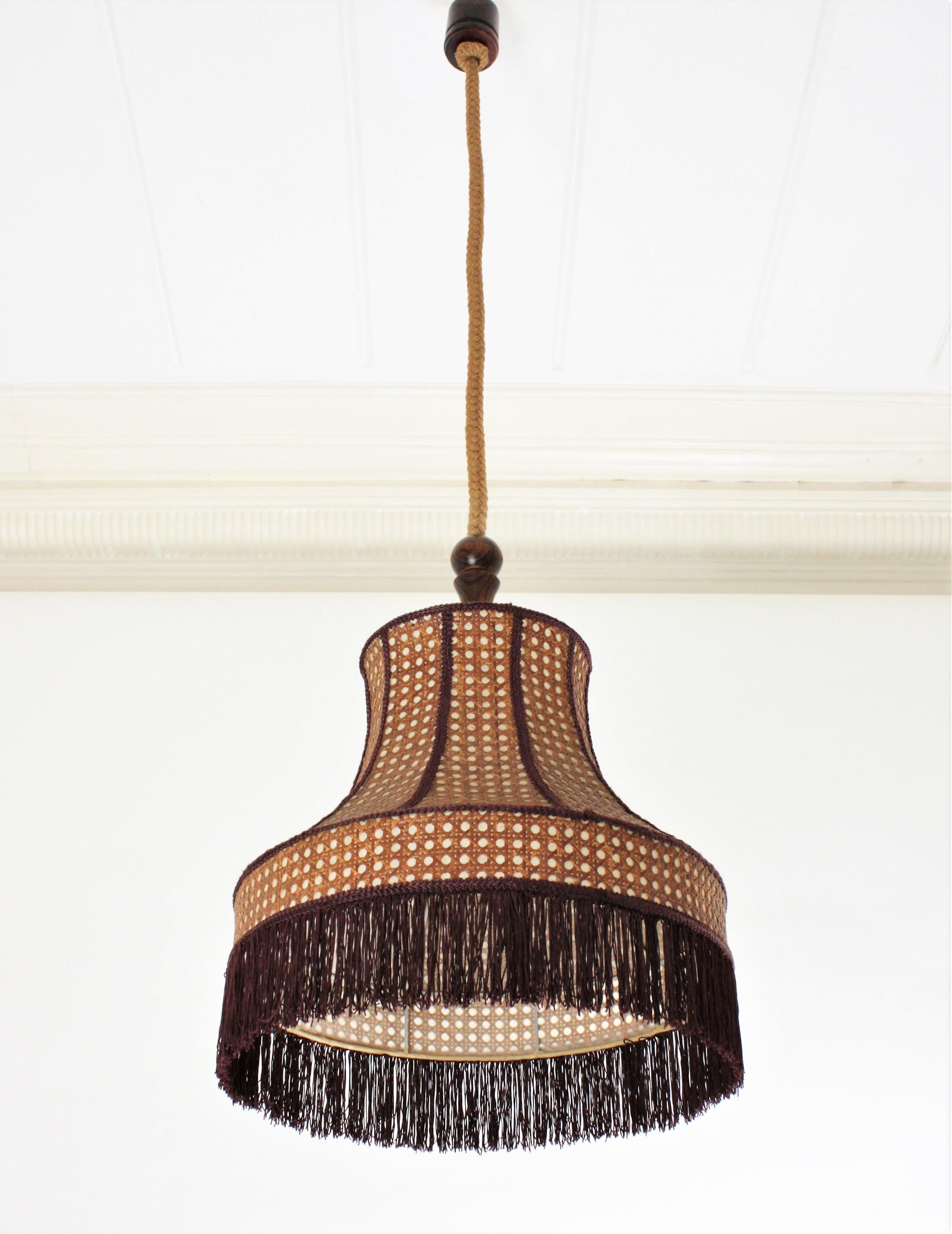 20th Century Rattan Wicker Pendant Hanging Lamp with Pagoda Shape and Fringed Bottom