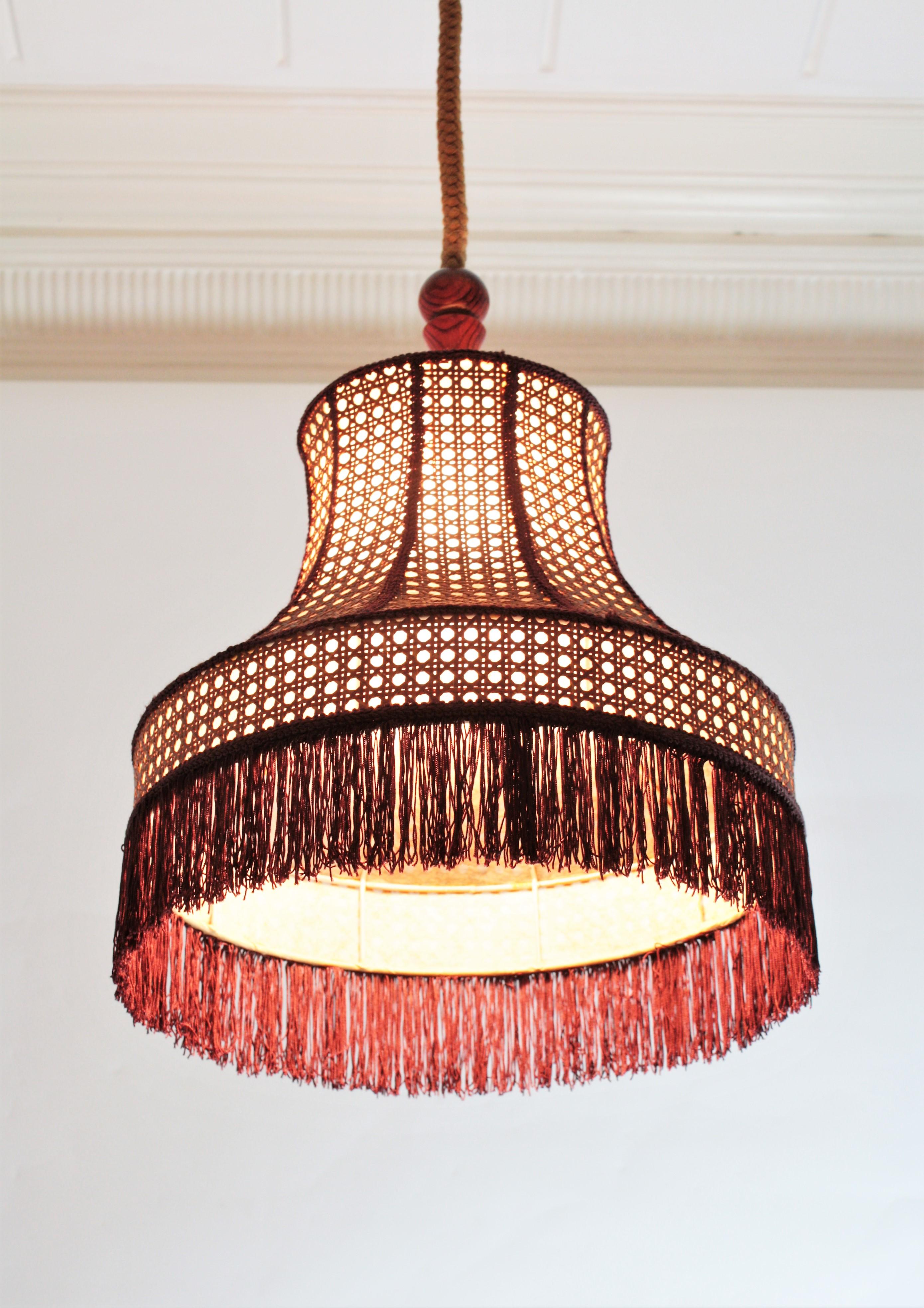 Rattan Wicker Pendant Hanging Lamp with Pagoda Shape and Fringed Bottom 1