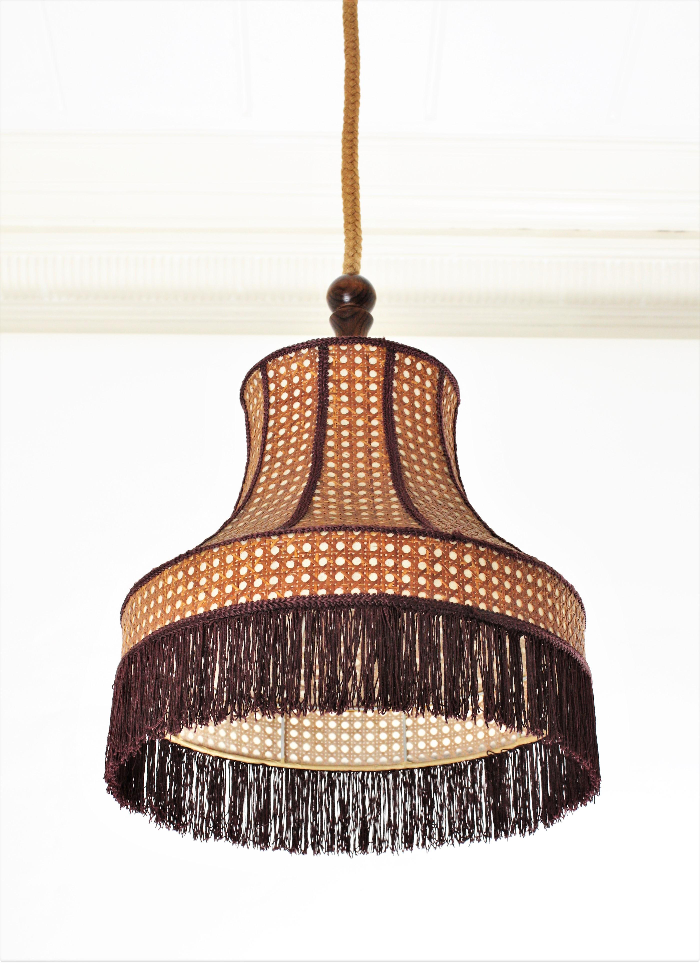 Rattan Wicker Pendant Hanging Lamp with Pagoda Shape and Fringed Bottom 2