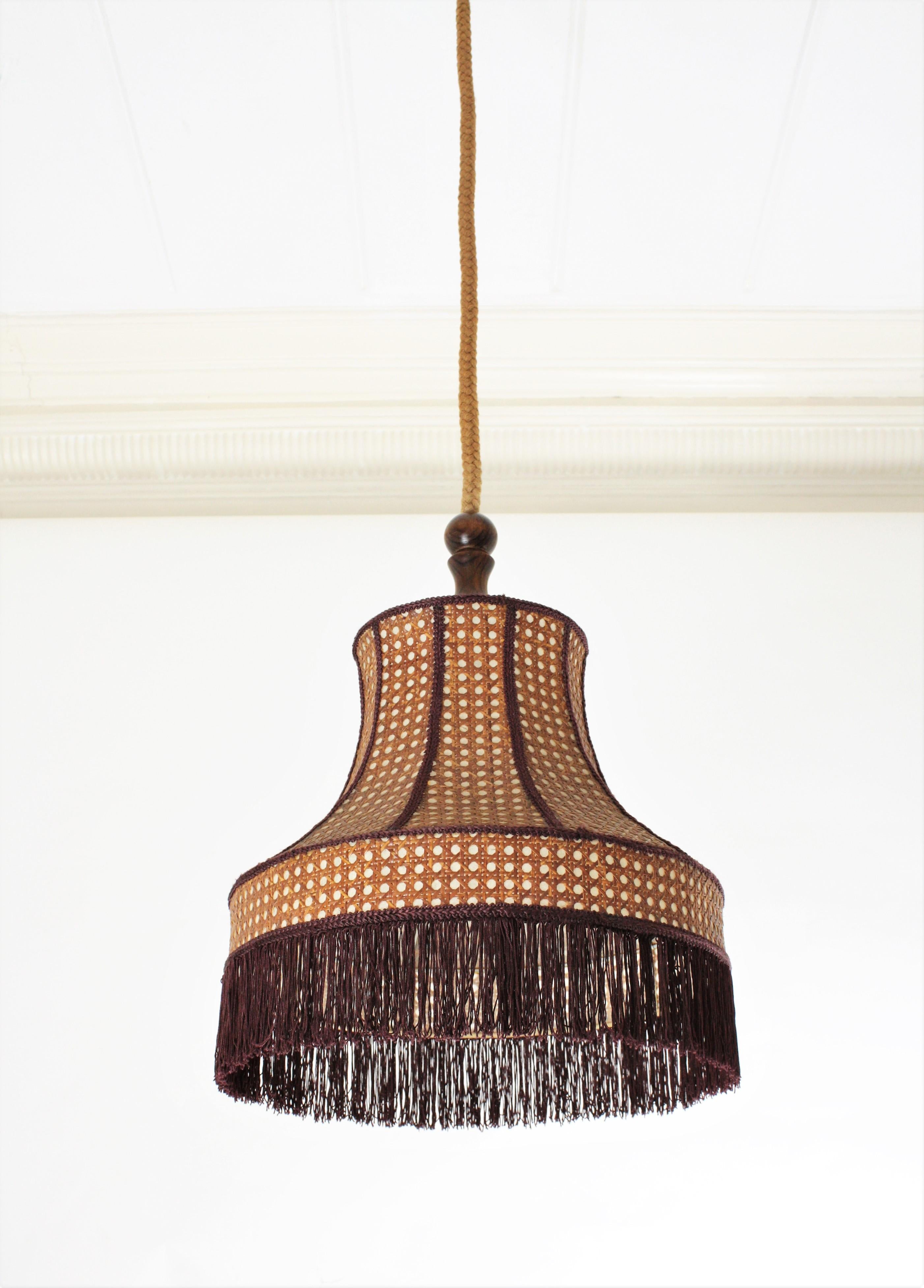 Rattan Wicker Pendant Hanging Lamp with Pagoda Shape and Fringed Bottom 3
