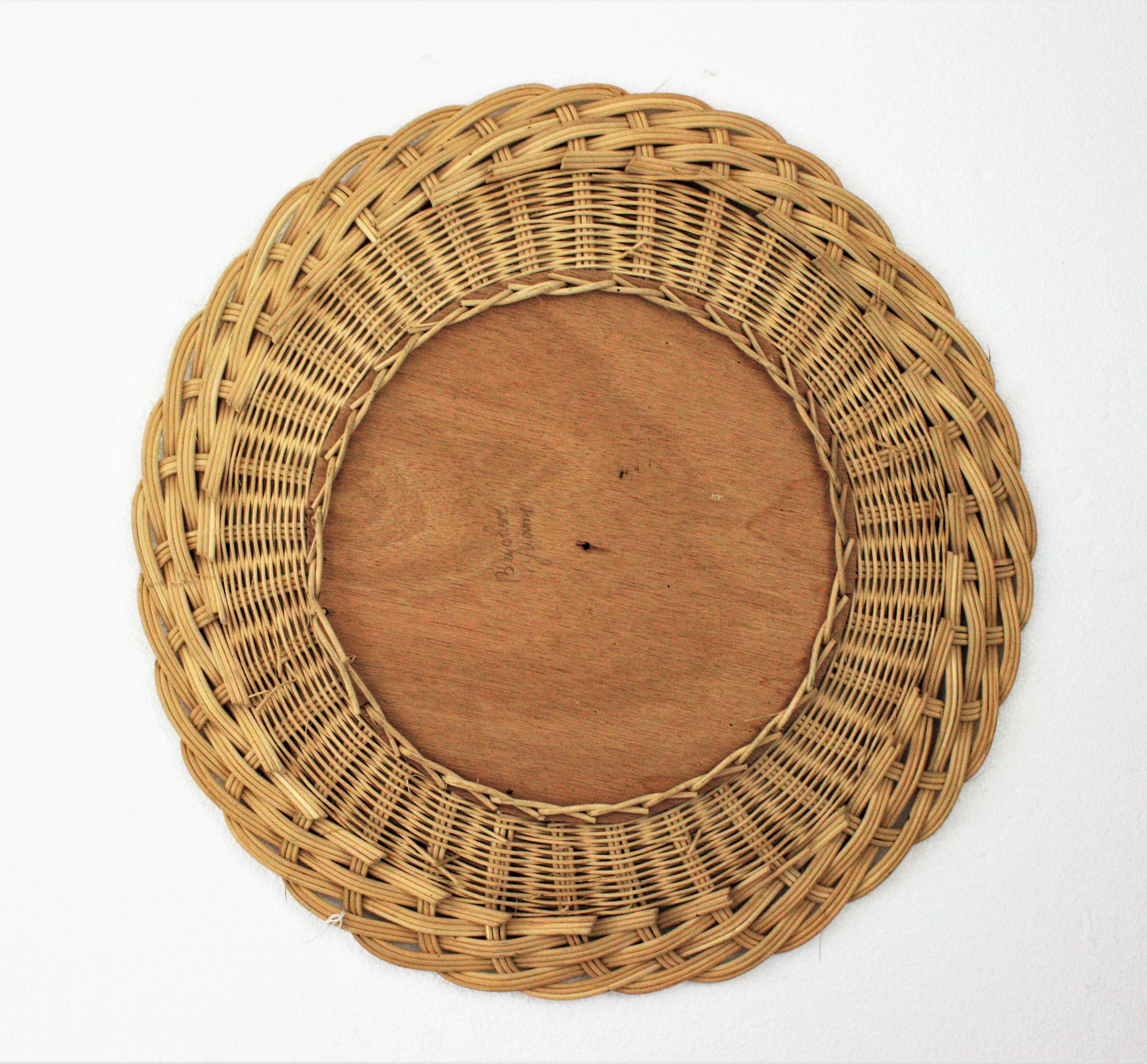 French Hand Woven Rattan Wicker Round Mirror, 1960s For Sale 4