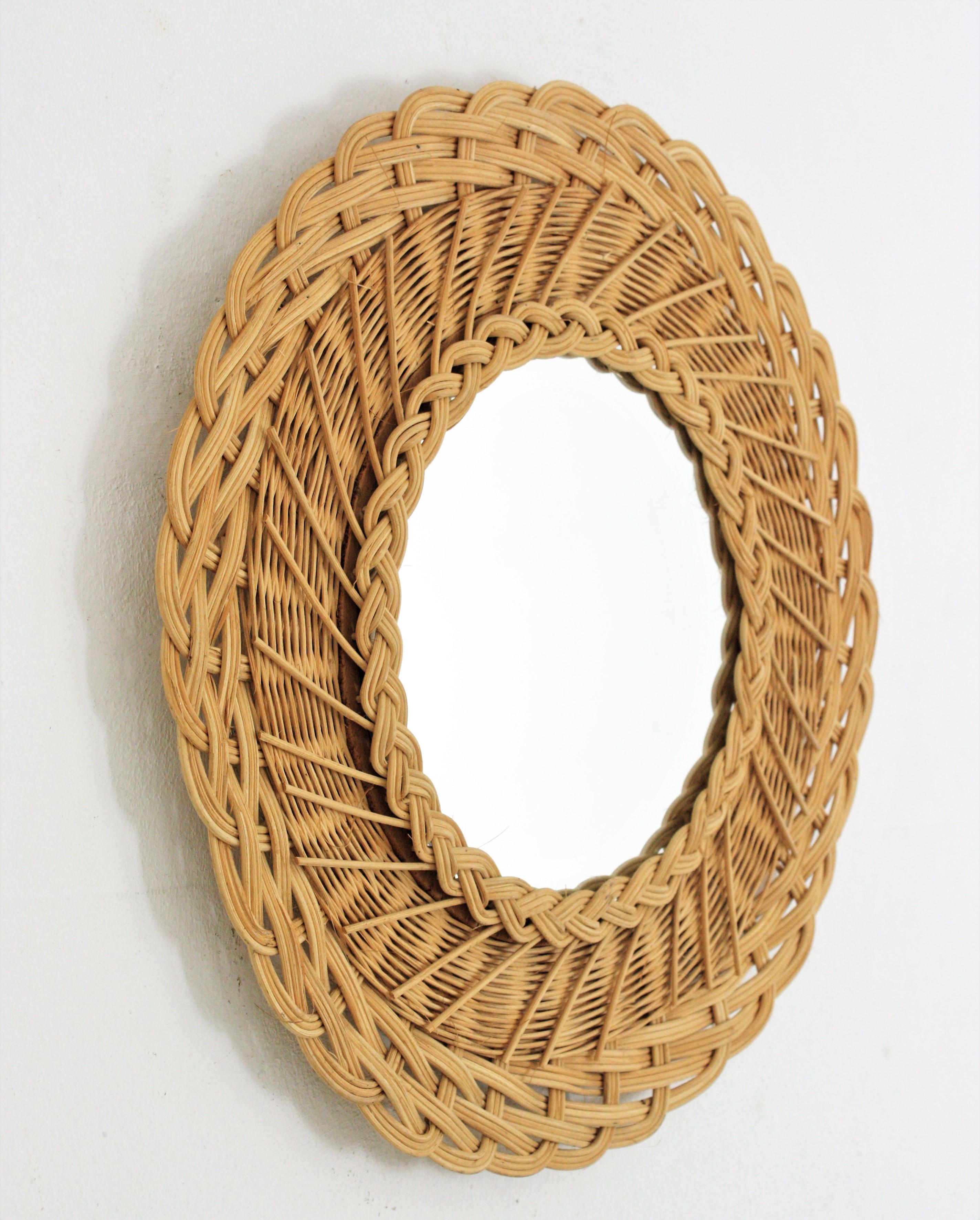Mid-Century Modern French Hand Woven Rattan Wicker Round Mirror, 1960s For Sale