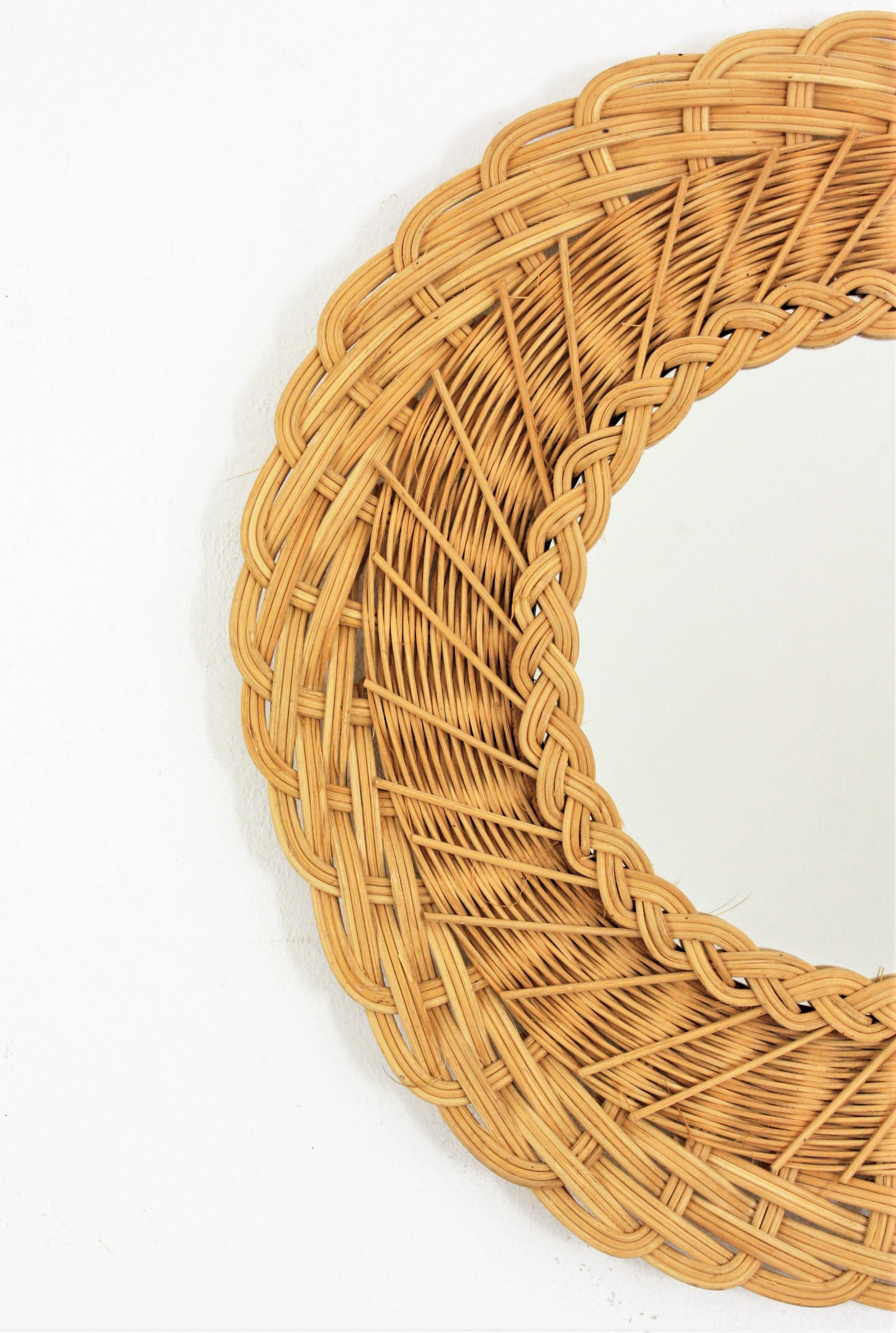 Hand-Woven French Hand Woven Rattan Wicker Round Mirror, 1960s For Sale