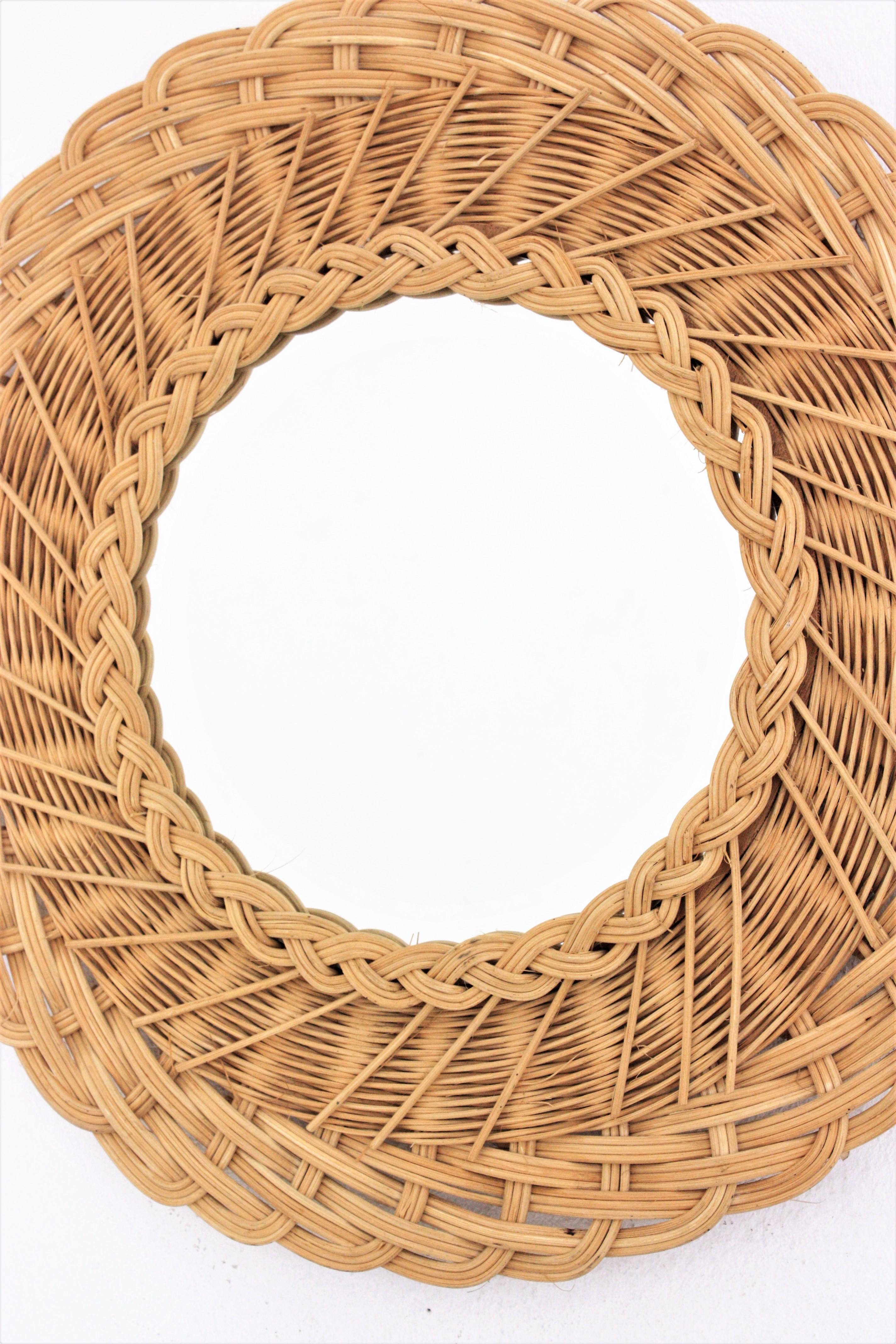 20th Century French Hand Woven Rattan Wicker Round Mirror, 1960s For Sale