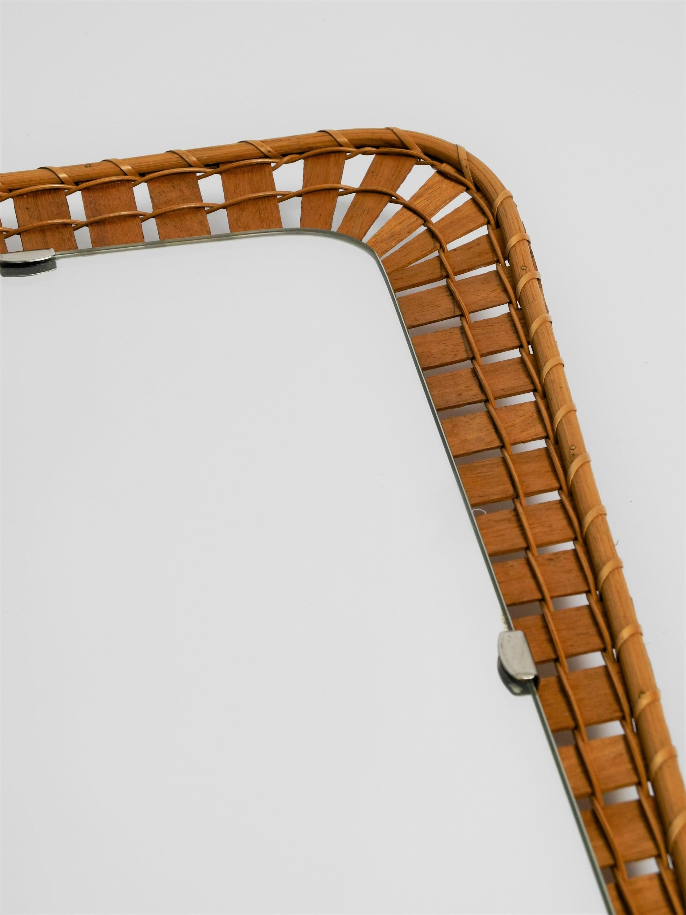Hand-Crafted Rattan Wicker Trapeze Mirror, 70s, Italy For Sale