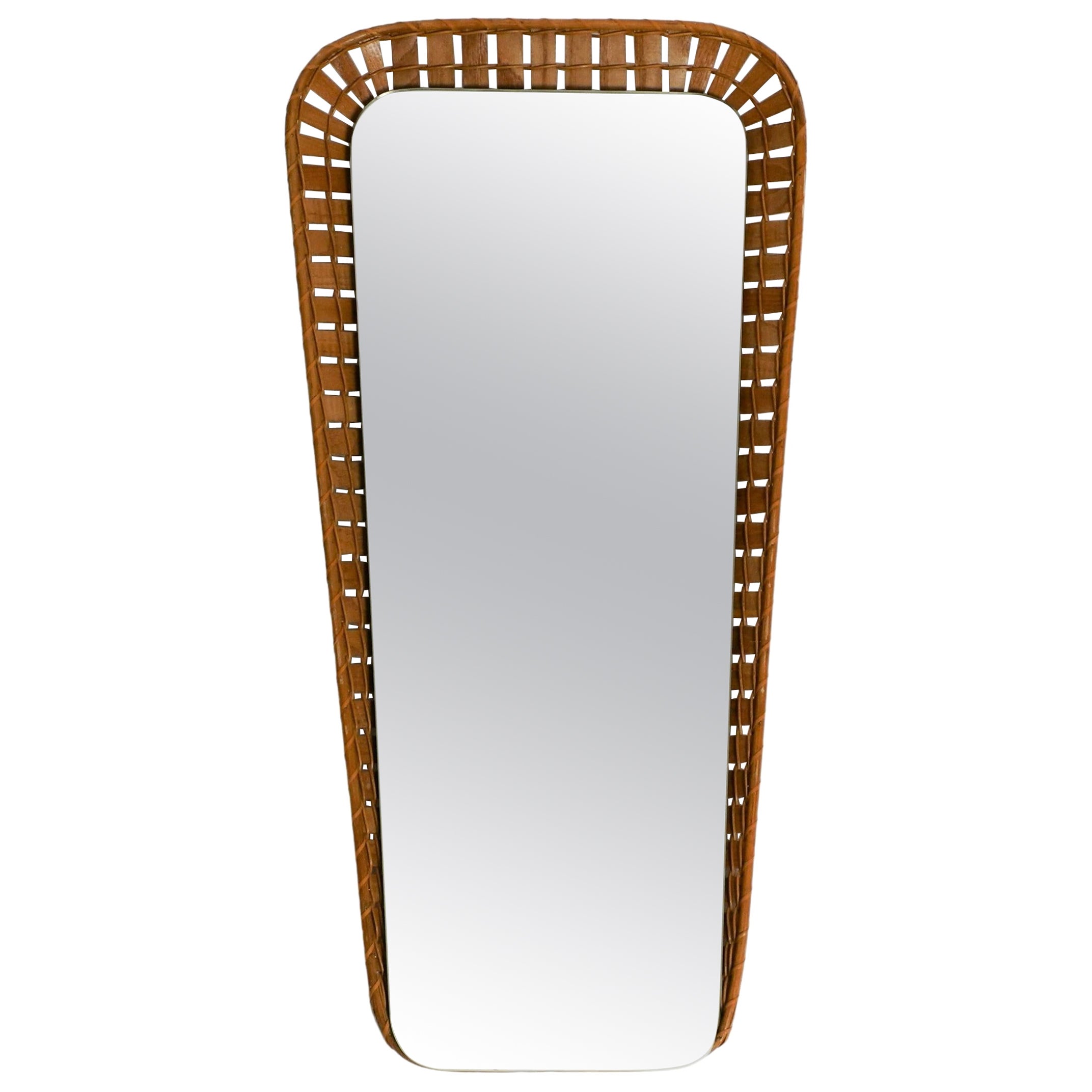Rattan Wicker Trapeze Mirror, 70s, Italy
