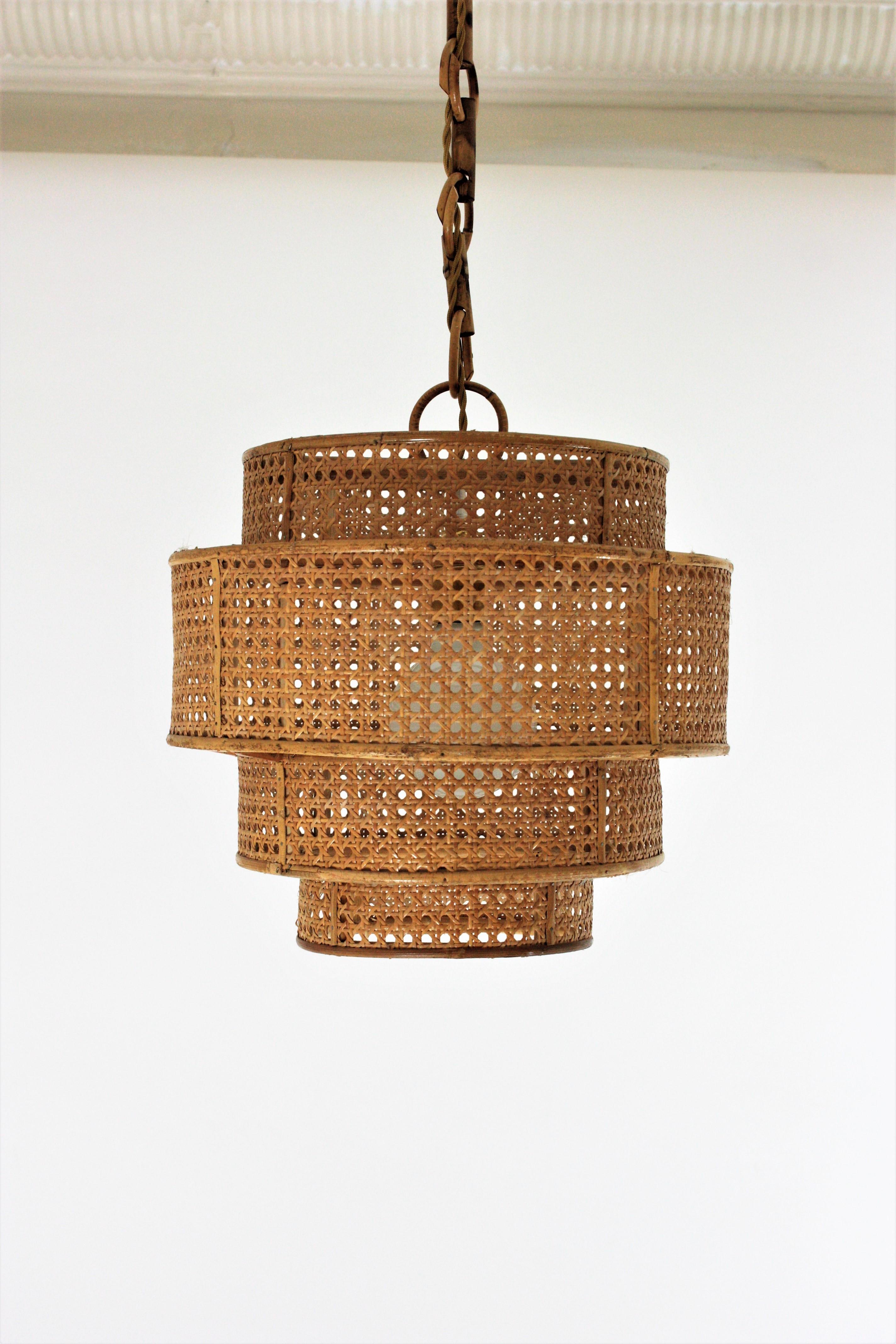  Rattan Wicker Weave Concentric Cylinder Pendant Hanging Light  For Sale 3