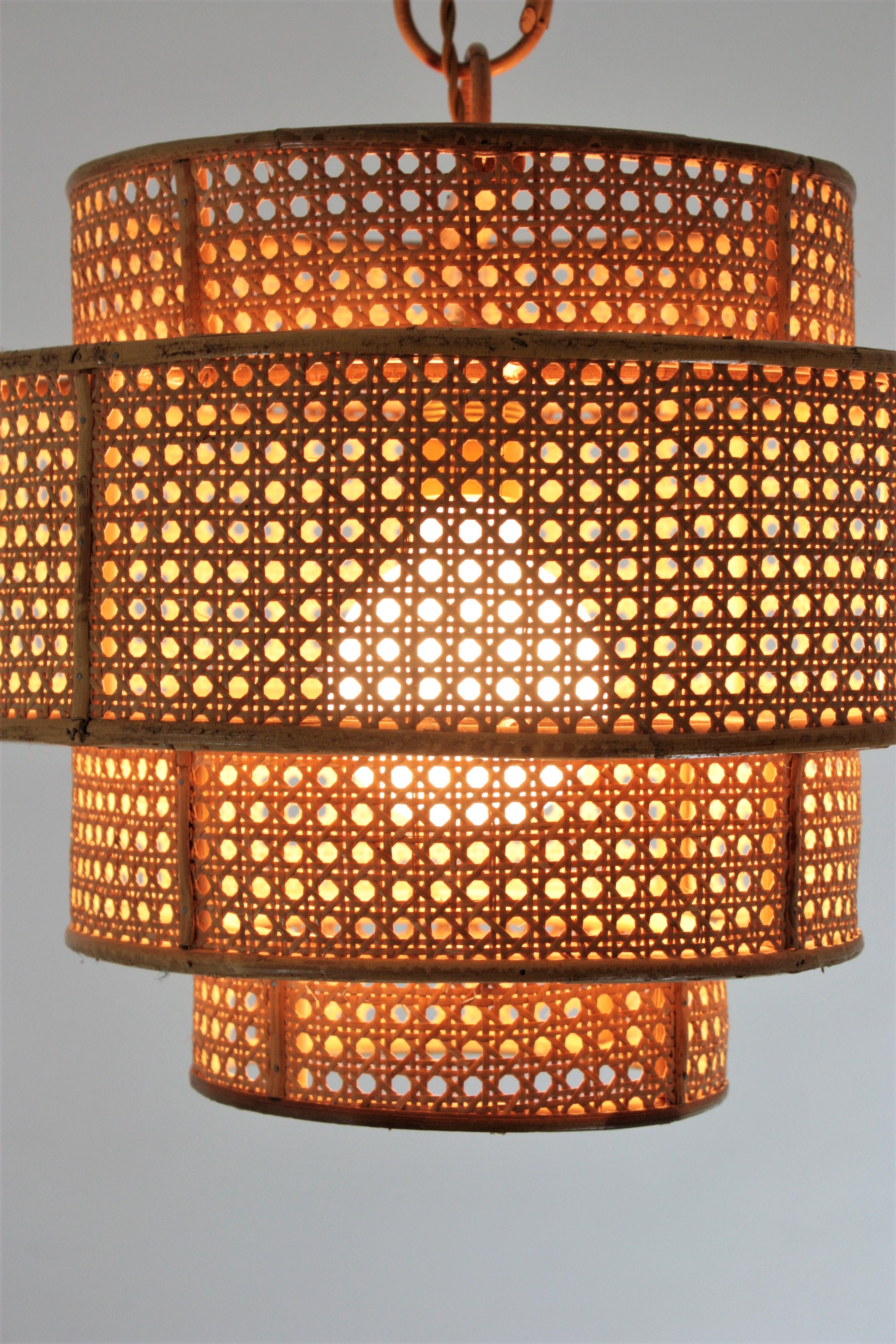  Rattan Wicker Weave Concentric Cylinder Pendant Hanging Light, 1960s For Sale 4