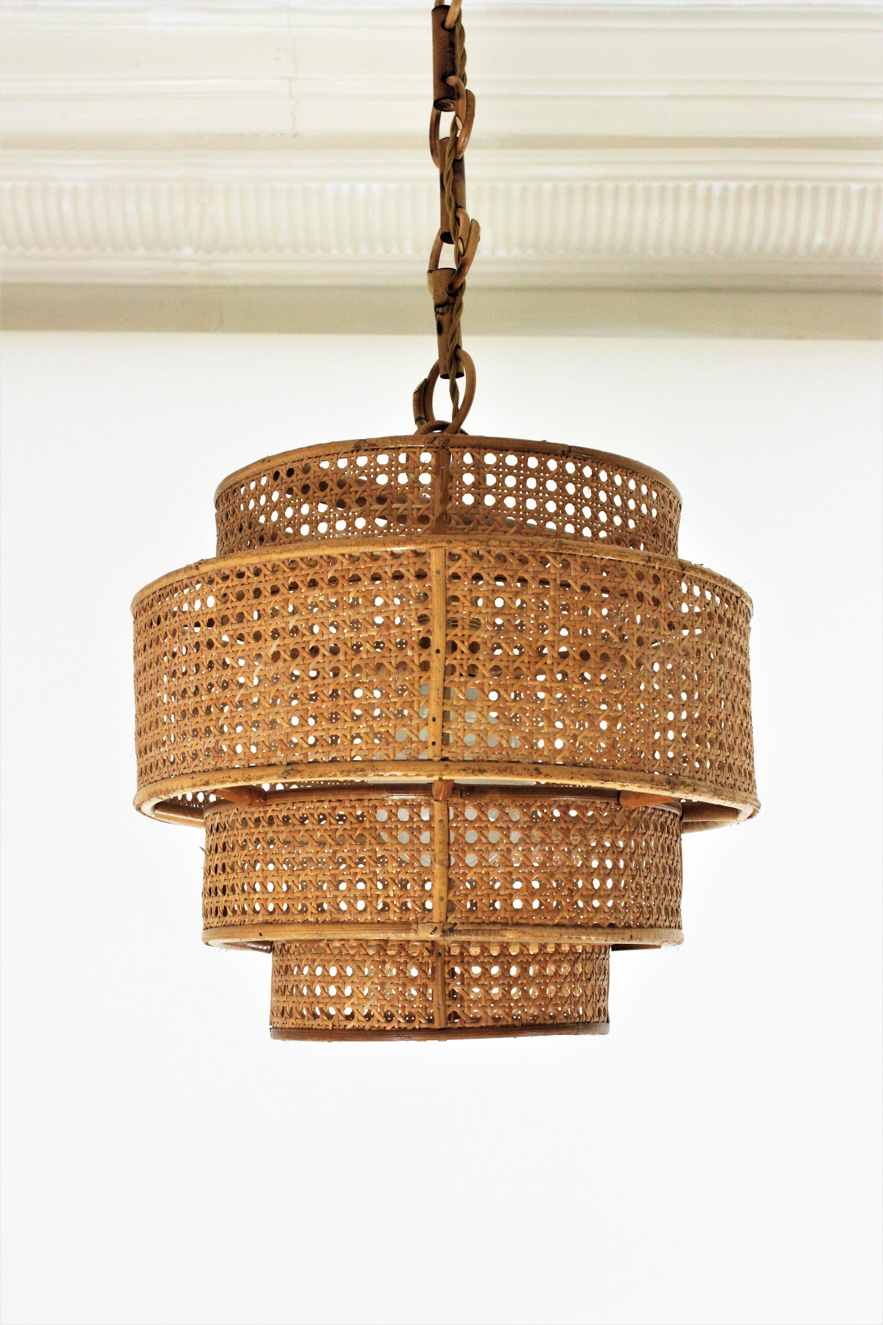  Rattan Wicker Weave Concentric Cylinder Pendant Hanging Light, 1960s For Sale 5
