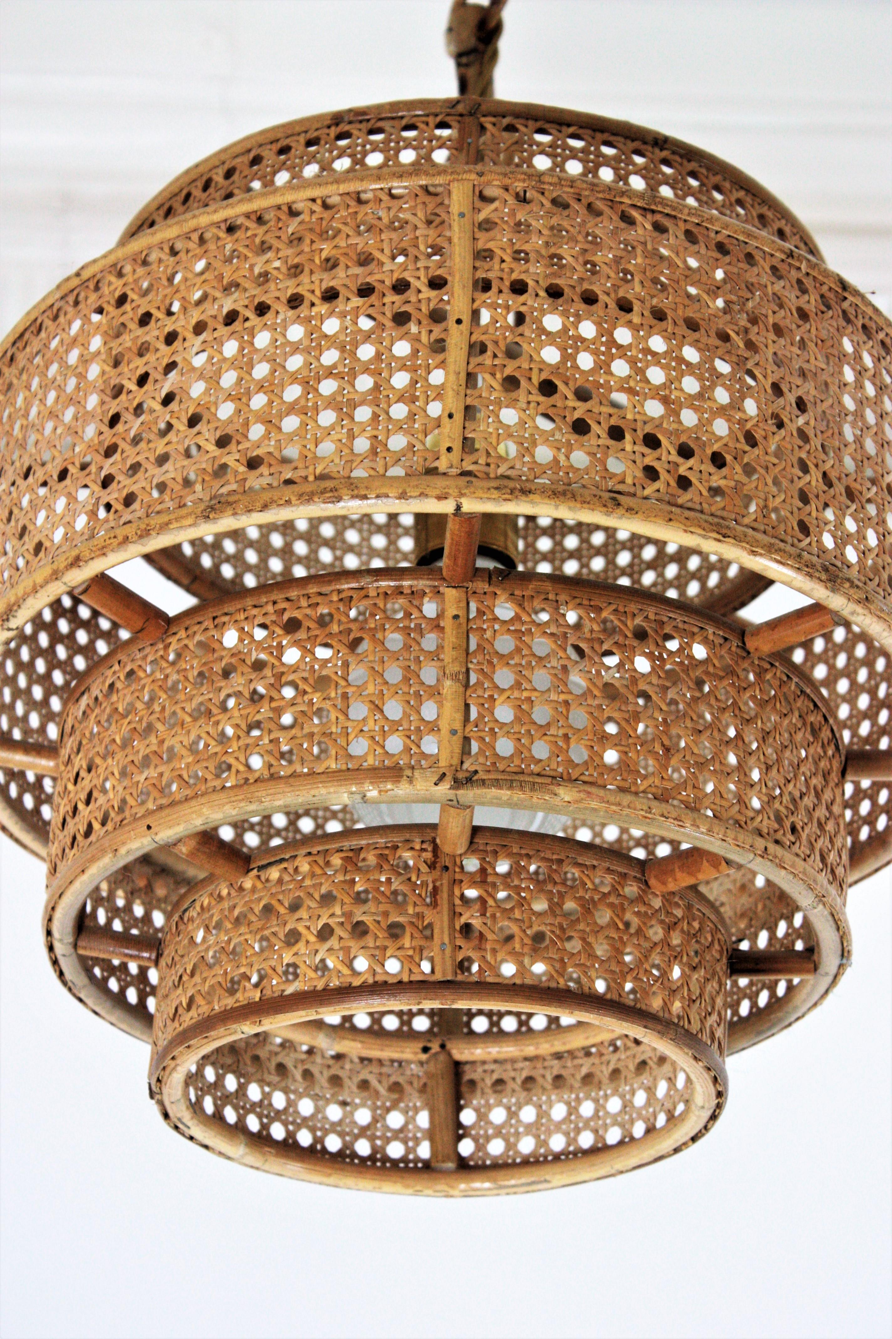  Rattan Wicker Weave Concentric Cylinder Pendant Hanging Light, 1960s For Sale 8