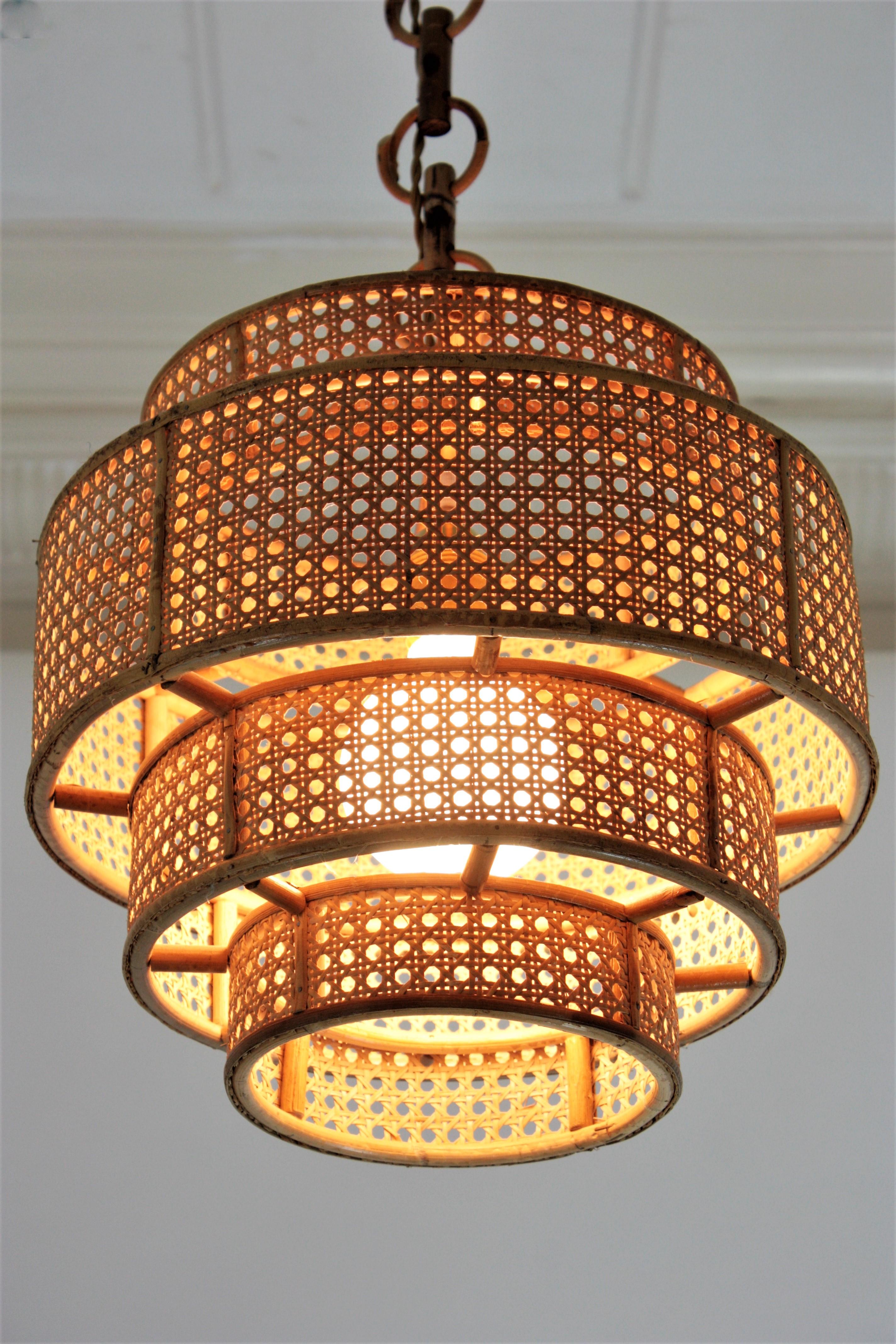  Rattan Wicker Weave Concentric Cylinder Pendant Hanging Light, 1960s For Sale 9