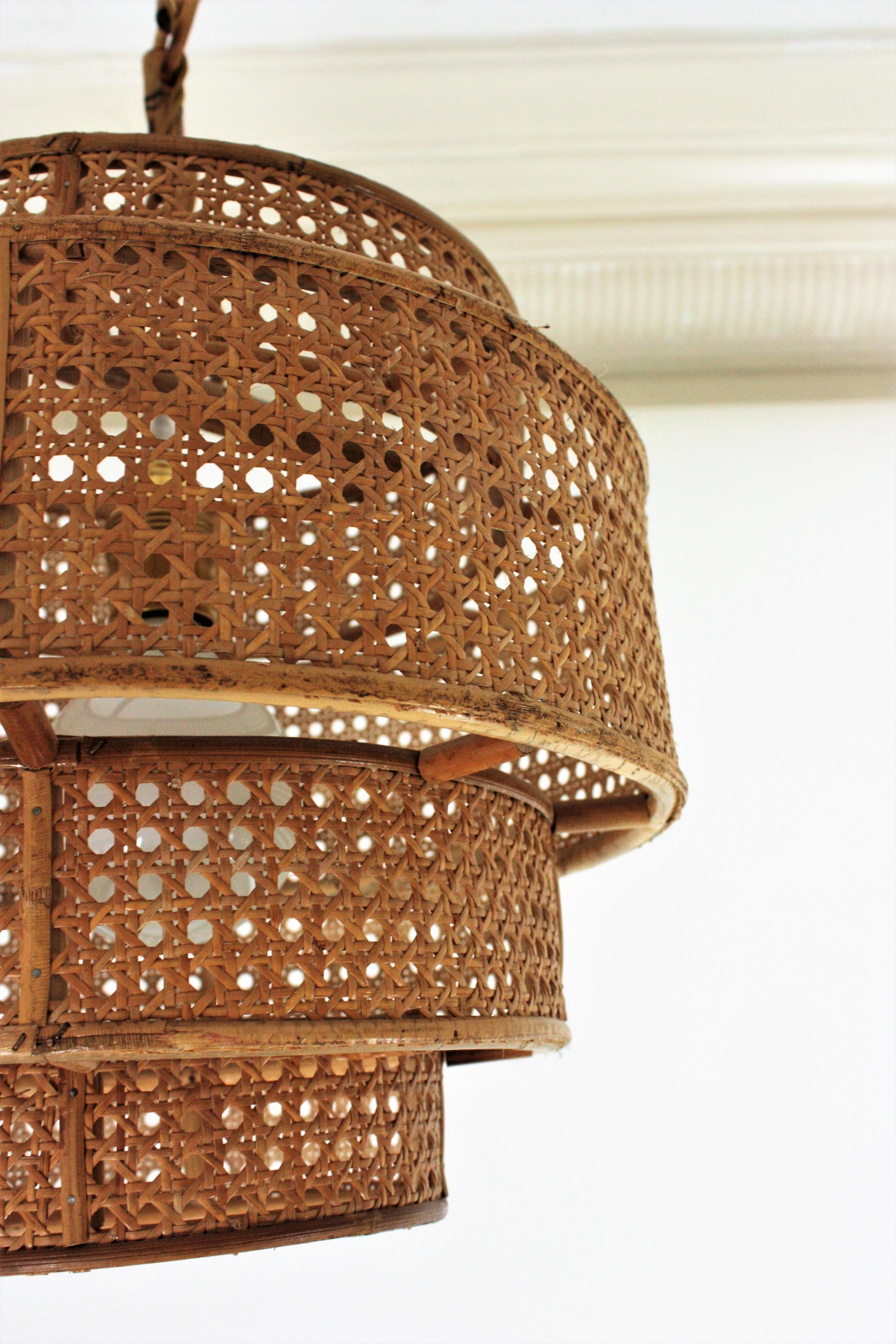  Rattan Wicker Weave Concentric Cylinder Pendant Hanging Light, 1960s For Sale 11