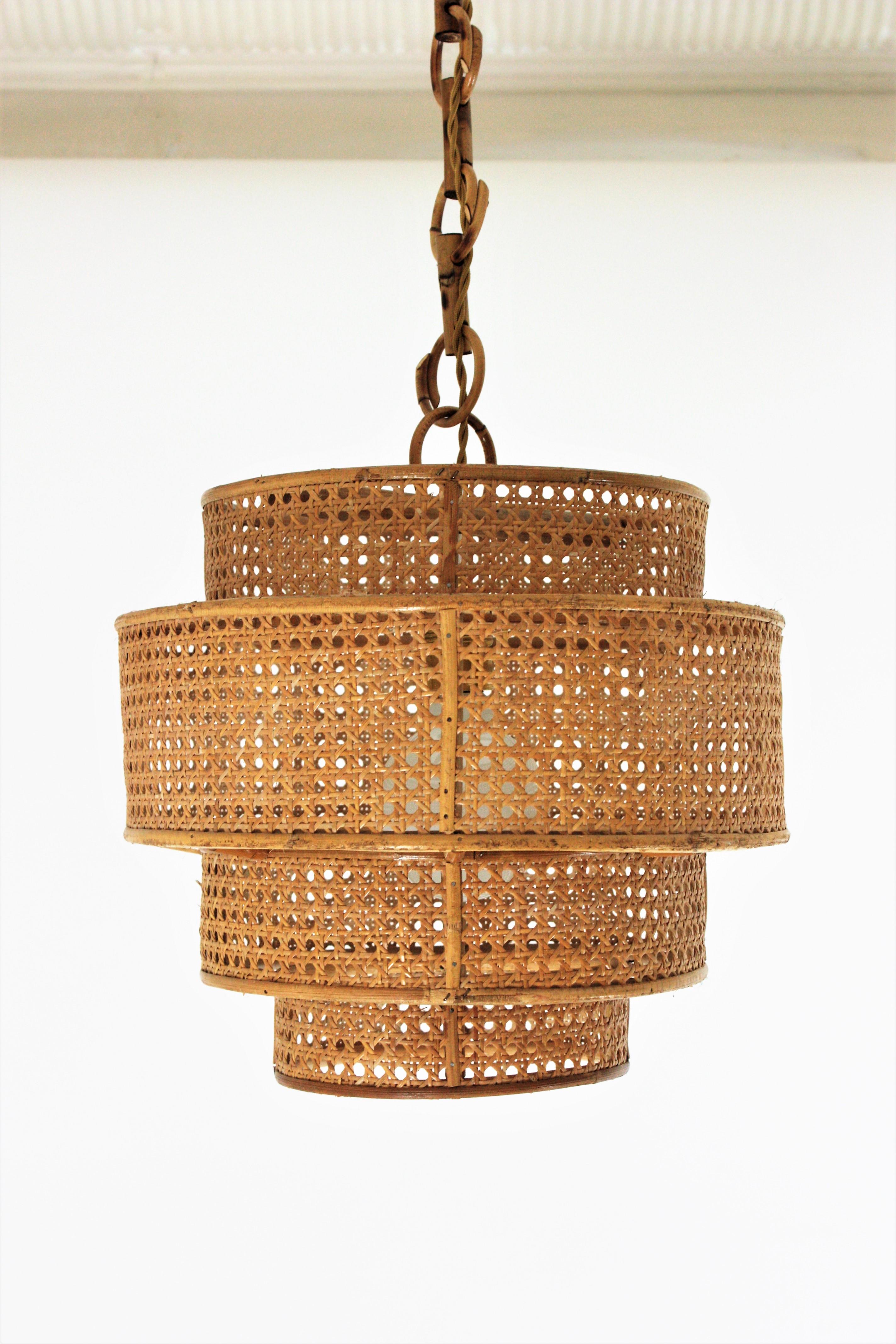 Mid-Century Modern  Rattan Wicker Weave Concentric Cylinder Pendant Hanging Light, 1960s For Sale