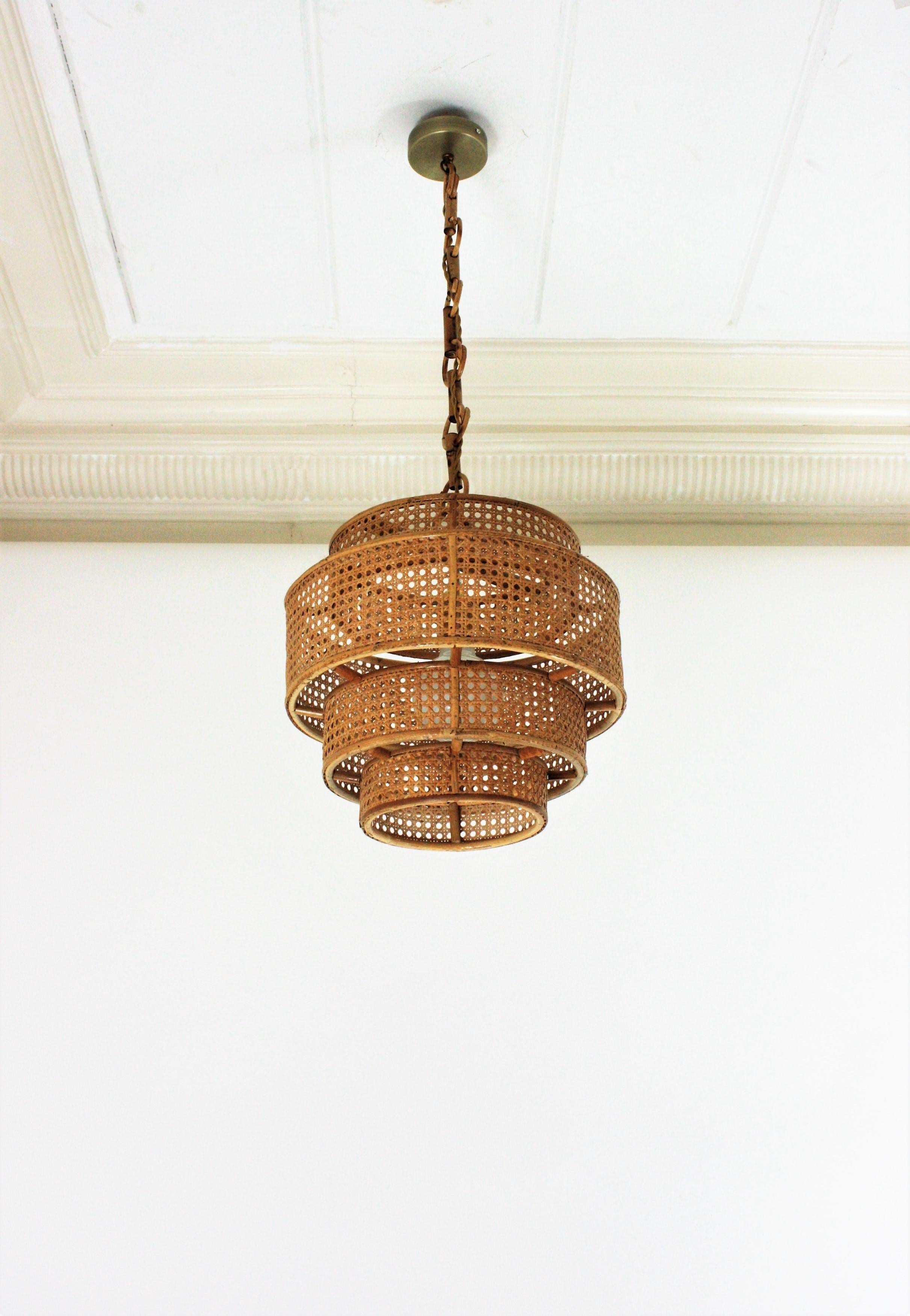  Rattan Wicker Weave Concentric Cylinder Pendant Hanging Light  In Good Condition For Sale In Barcelona, ES