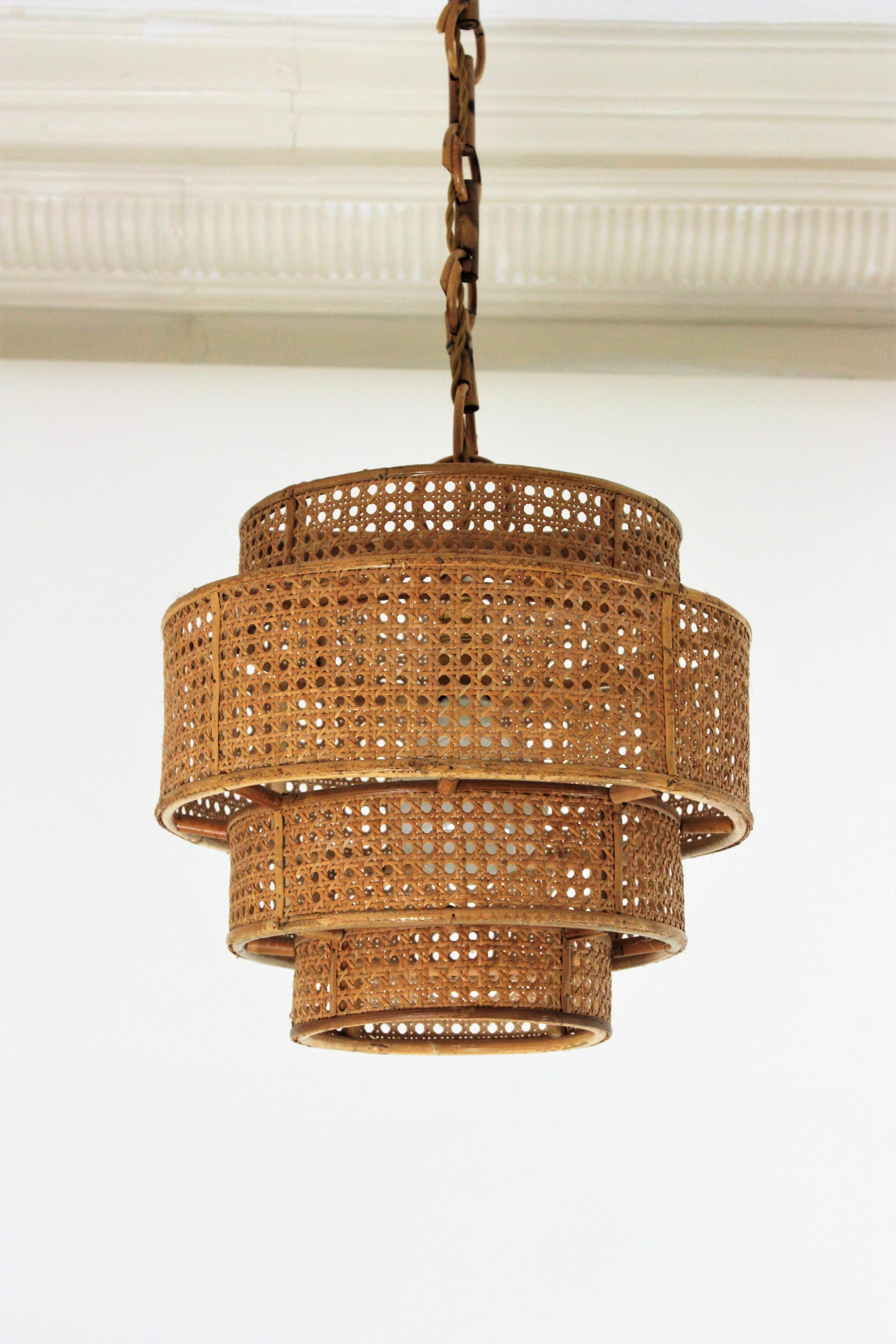20th Century  Rattan Wicker Weave Concentric Cylinder Pendant Hanging Light  For Sale