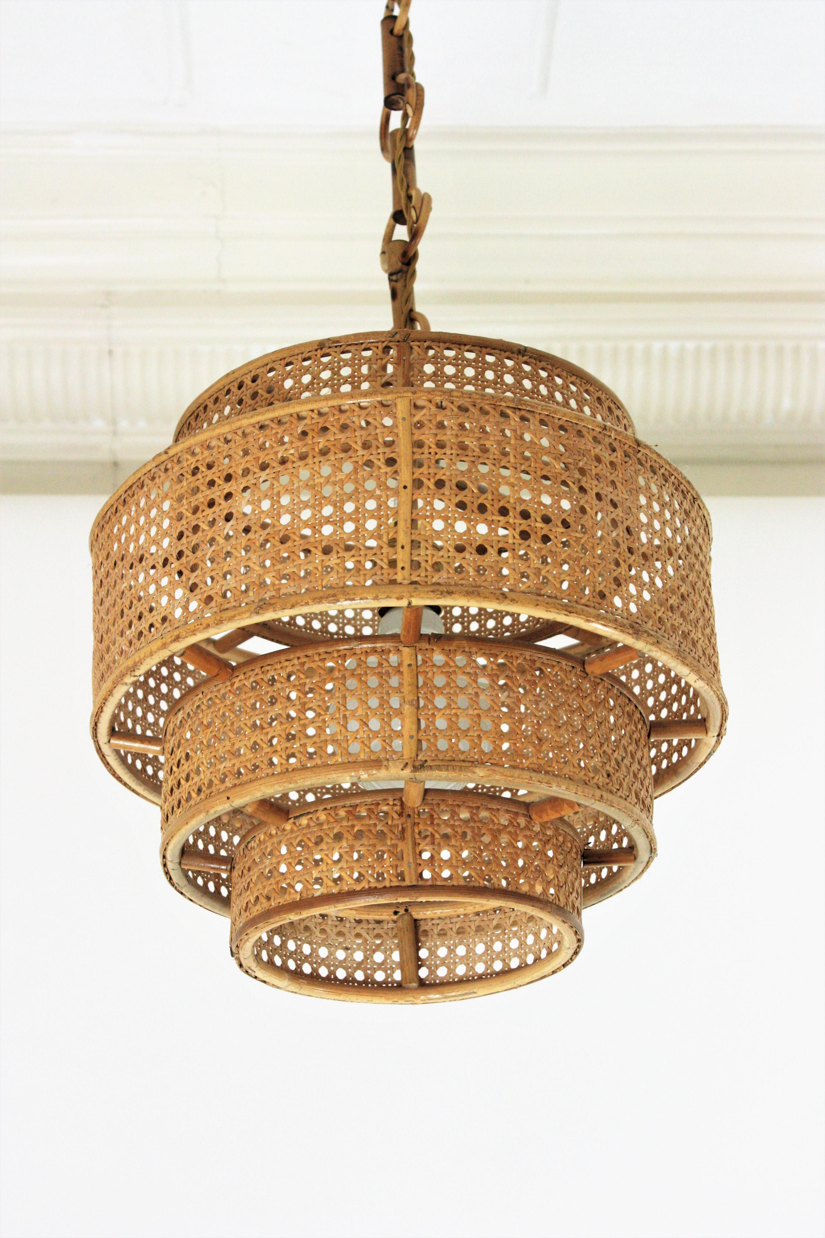  Rattan Wicker Weave Concentric Cylinder Pendant Hanging Light, 1960s For Sale 1