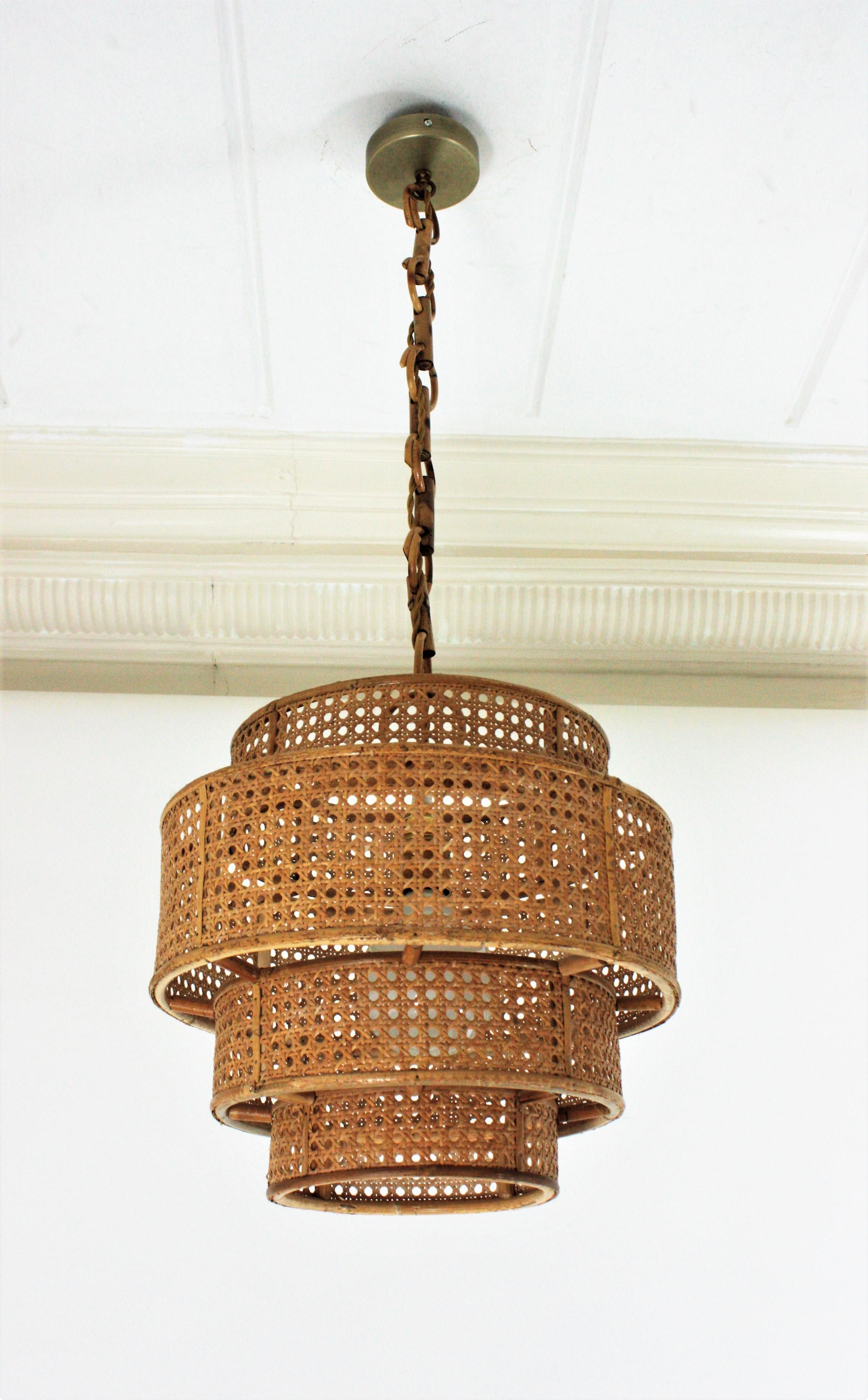  Rattan Wicker Weave Concentric Cylinder Pendant Hanging Light  For Sale 2