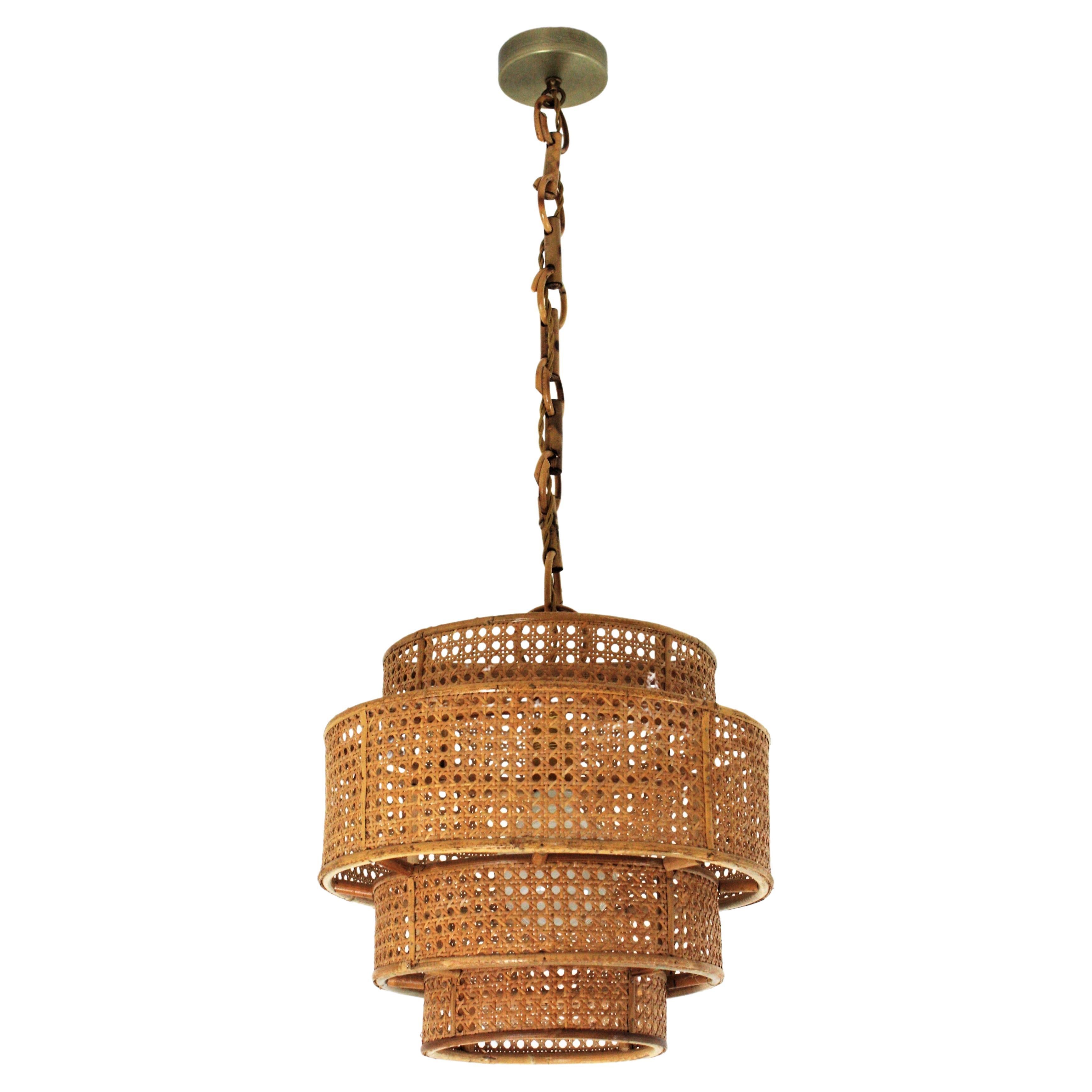  Rattan Wicker Weave Concentric Cylinder Pendant Hanging Light, 1960s For Sale