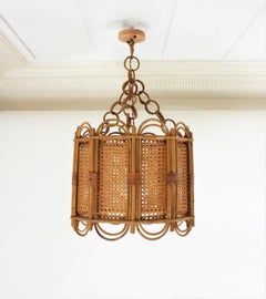 Rattan Wicker Weave Large Drum Pendant Light or Lantern, 1960s
