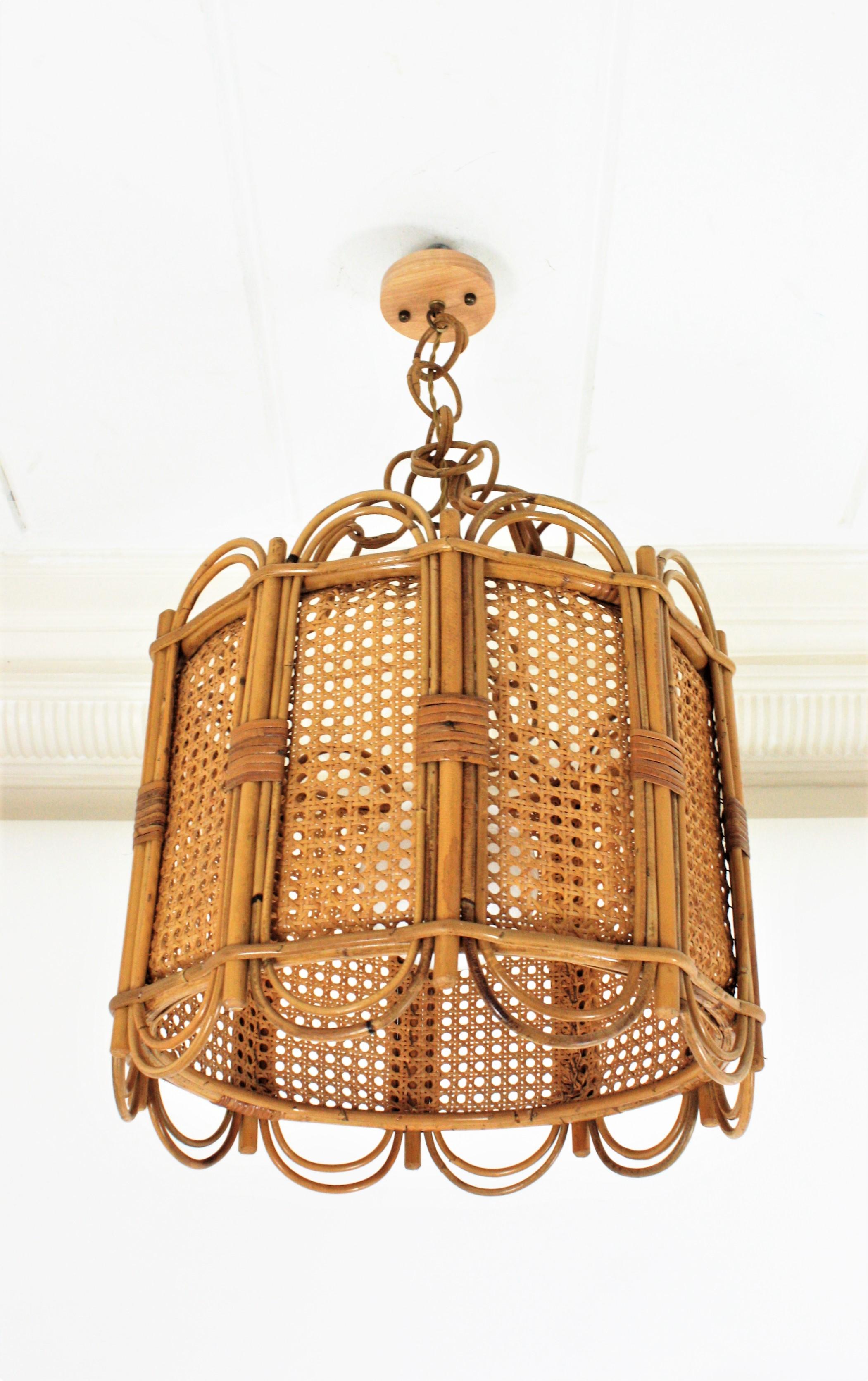 Mid-Century Modern Rattan Wicker Weave Large Drum Pendant Light or Lantern, 1960s For Sale