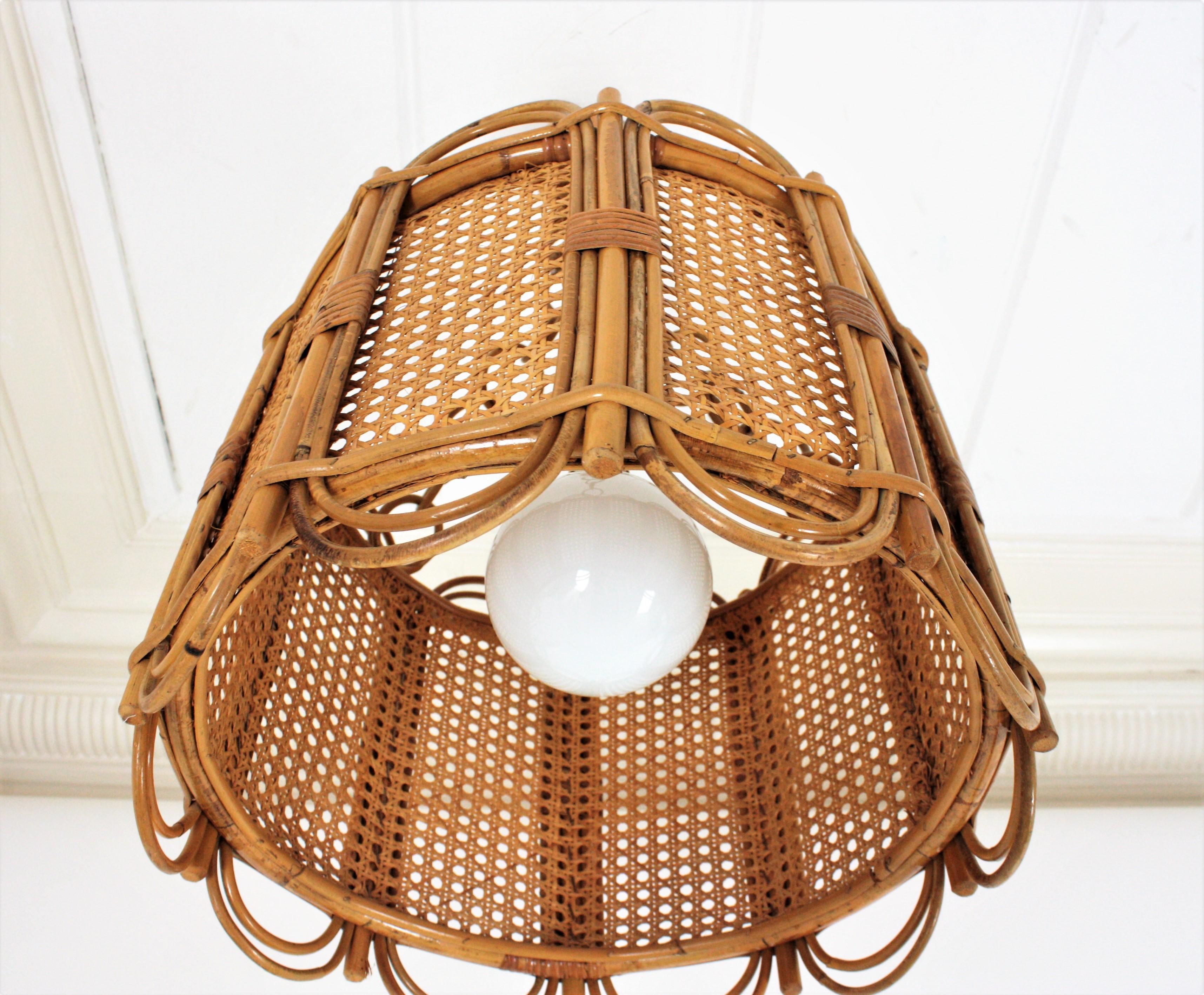 Spanish Rattan Wicker Weave Large Drum Pendant Light or Lantern, 1960s For Sale