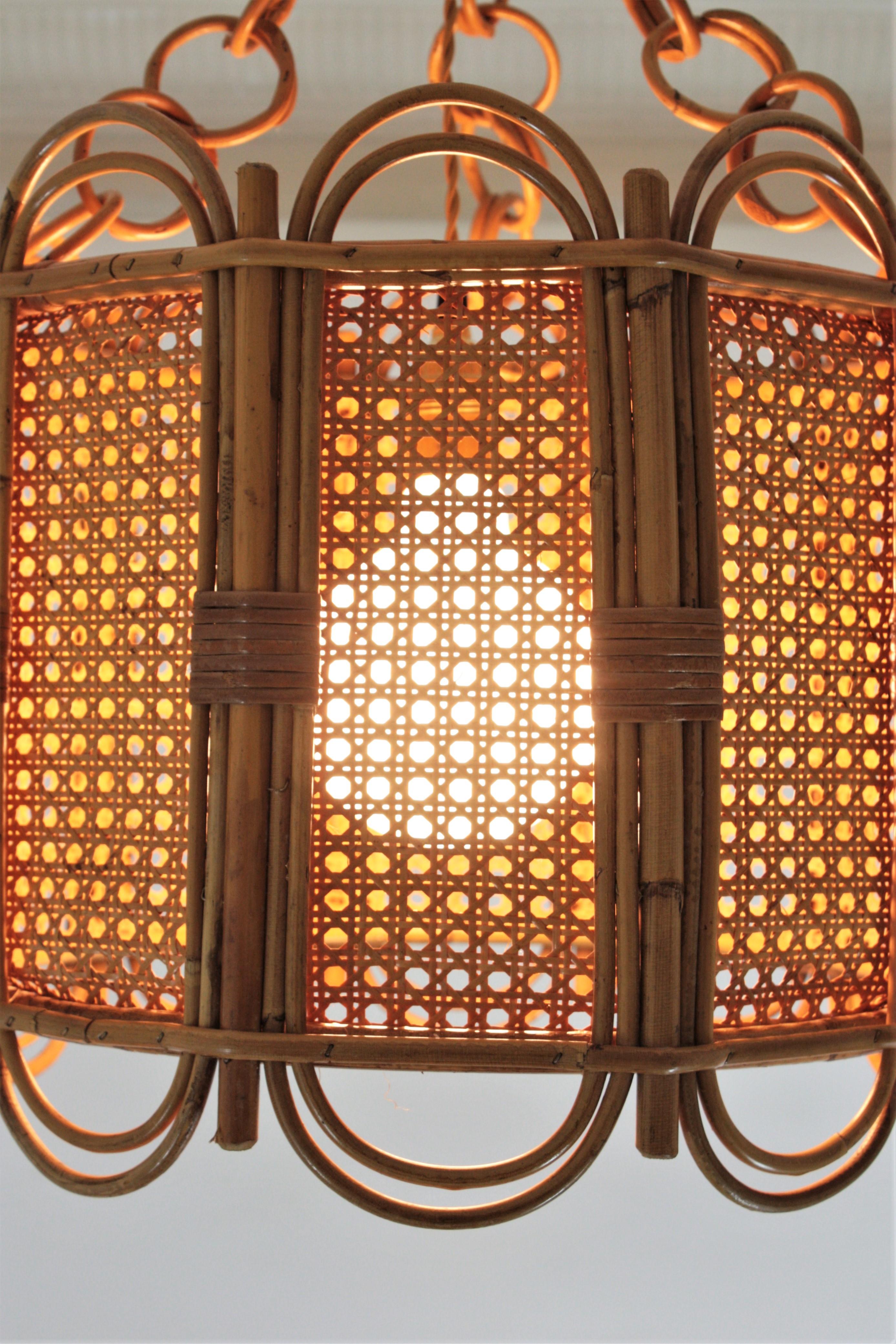 20th Century Rattan Wicker Weave Large Drum Pendant Light or Lantern, 1960s For Sale