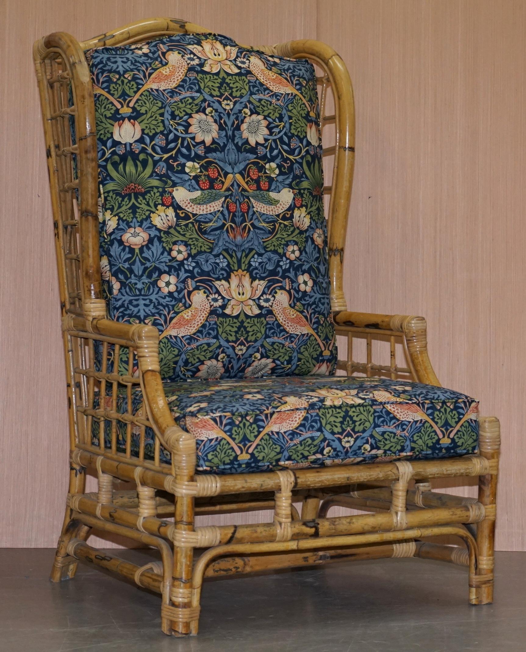 We are delighted to offer for sale this stunning pair of vintage Mid-Century Modern wicker rattan wingback armchairs with brand new double sided William Morris Liberty’s London Strawberry Thief cushions

A very good looking, decorative and