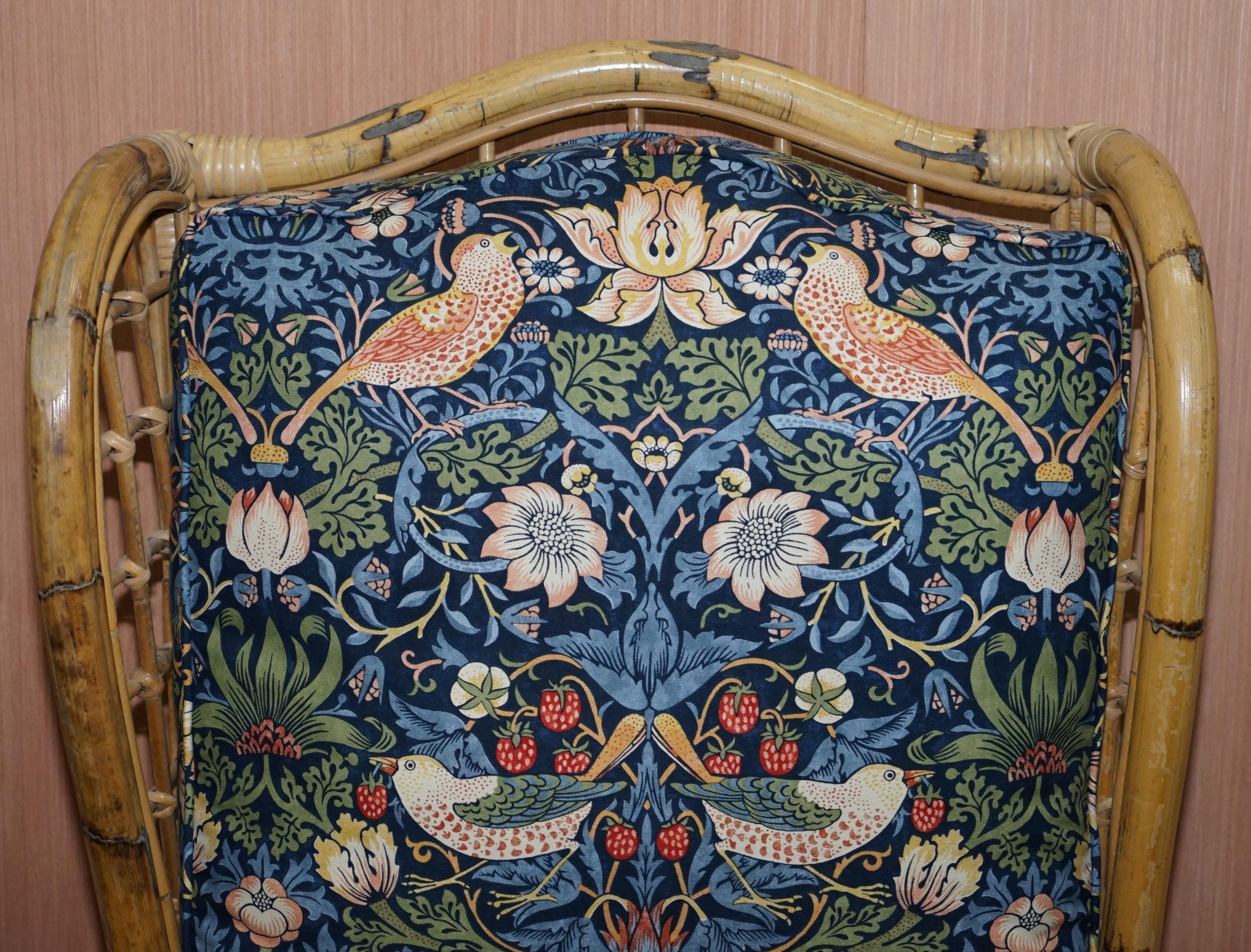 Mid-Century Modern Rattan Wicker Wingback Armchair New William Morris Strawberry Thief Cushions