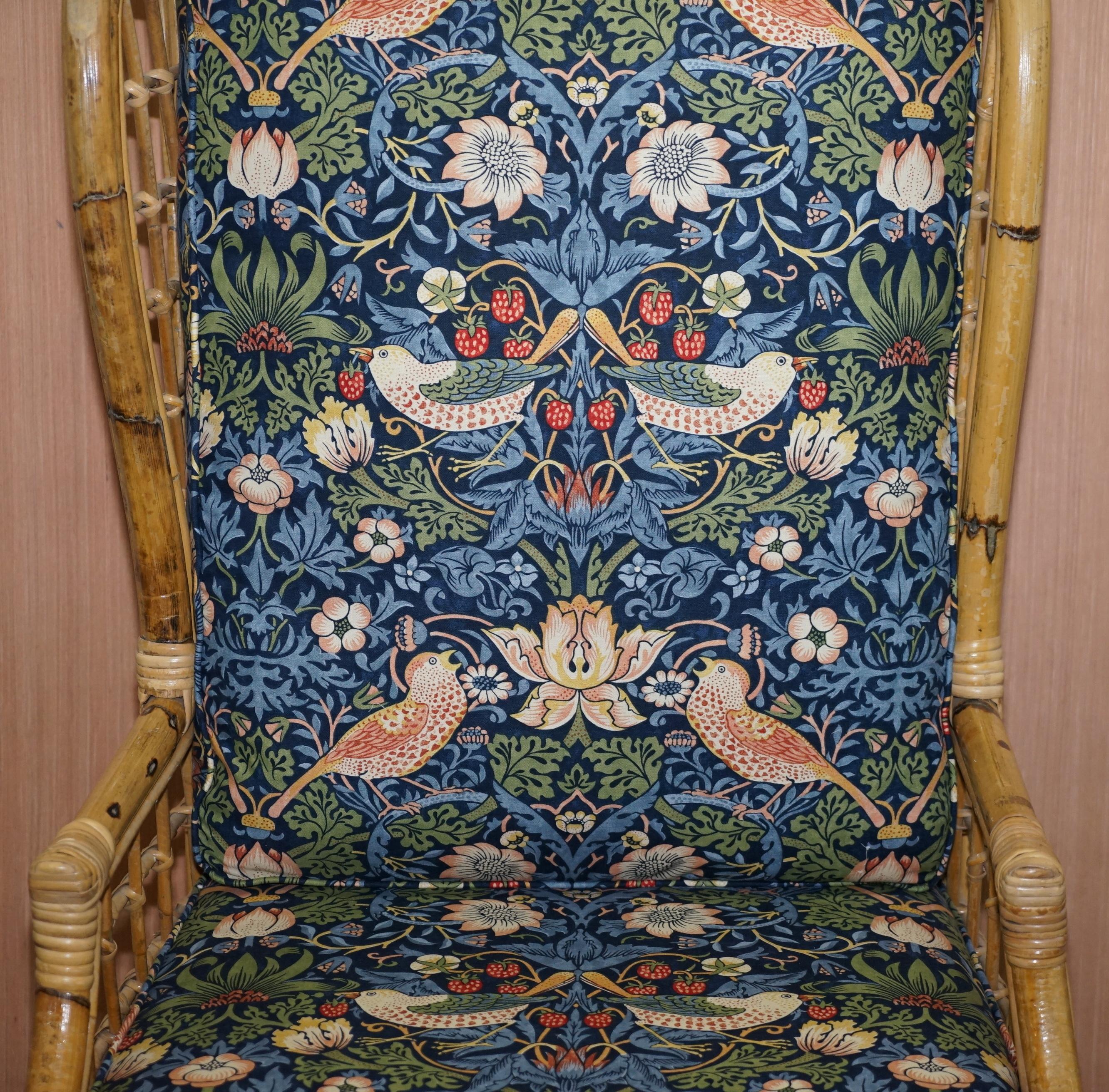 English Rattan Wicker Wingback Armchair New William Morris Strawberry Thief Cushions