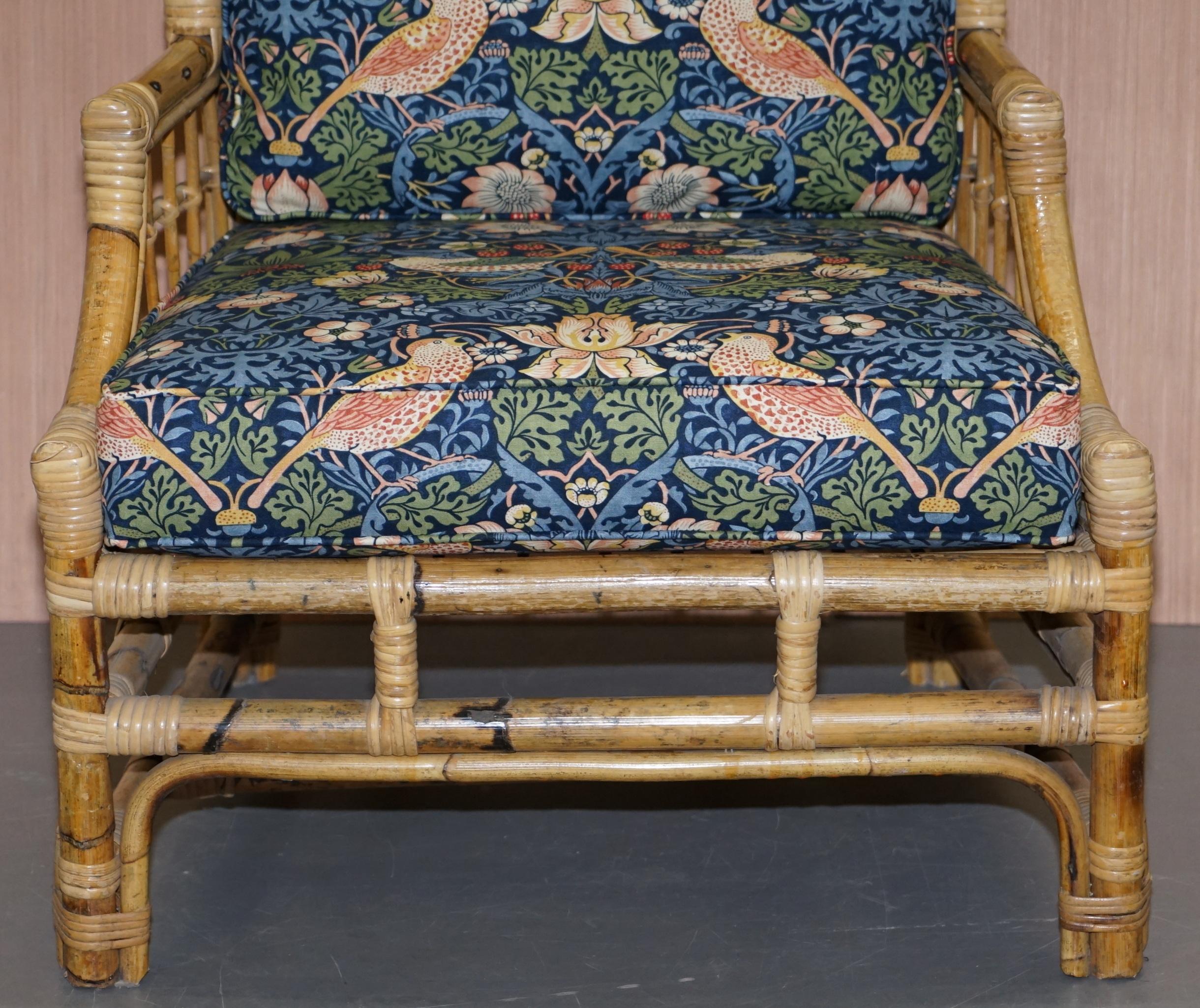 Hand-Crafted Rattan Wicker Wingback Armchair New William Morris Strawberry Thief Cushions