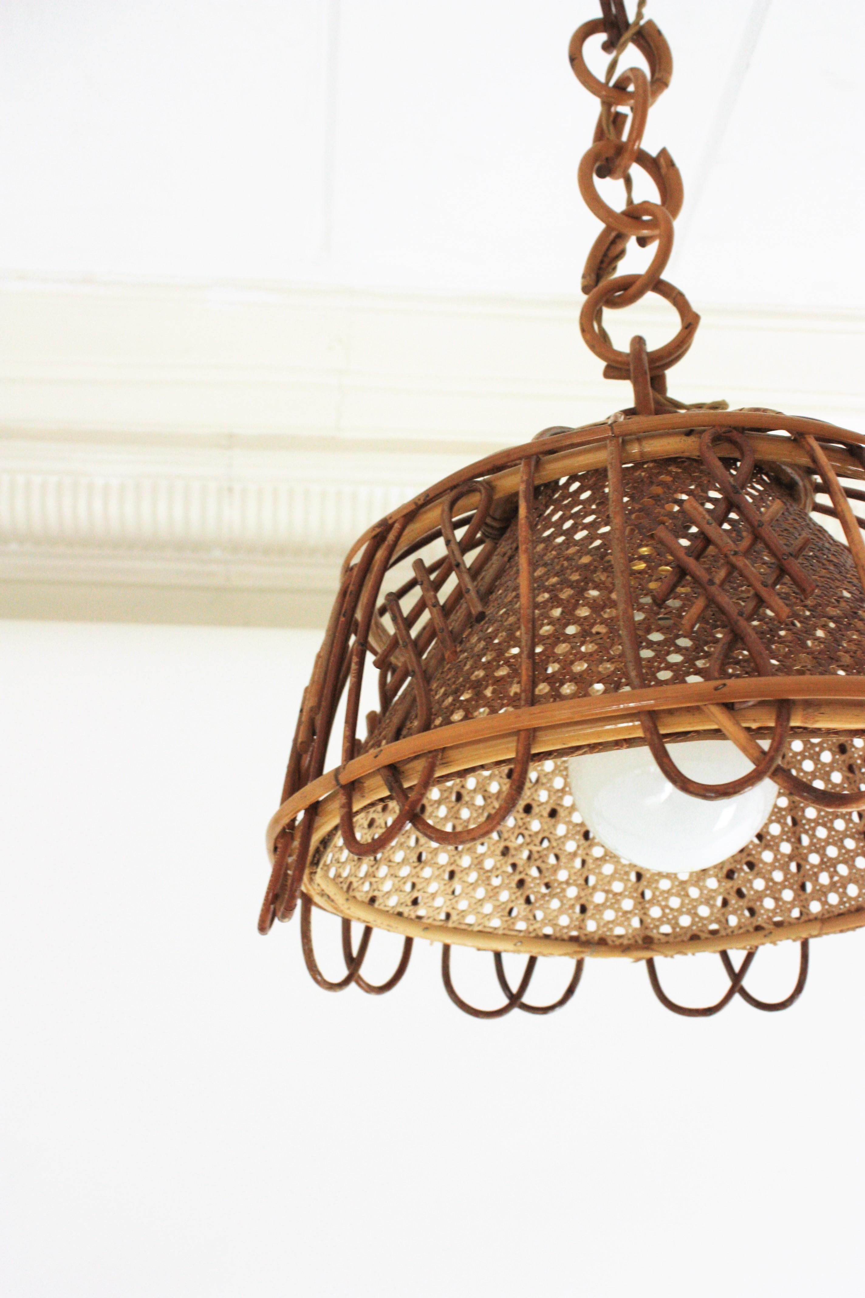 Rattan Wicker Wire Italian Modernist Pendant Hanging Light, 1960s For Sale 5
