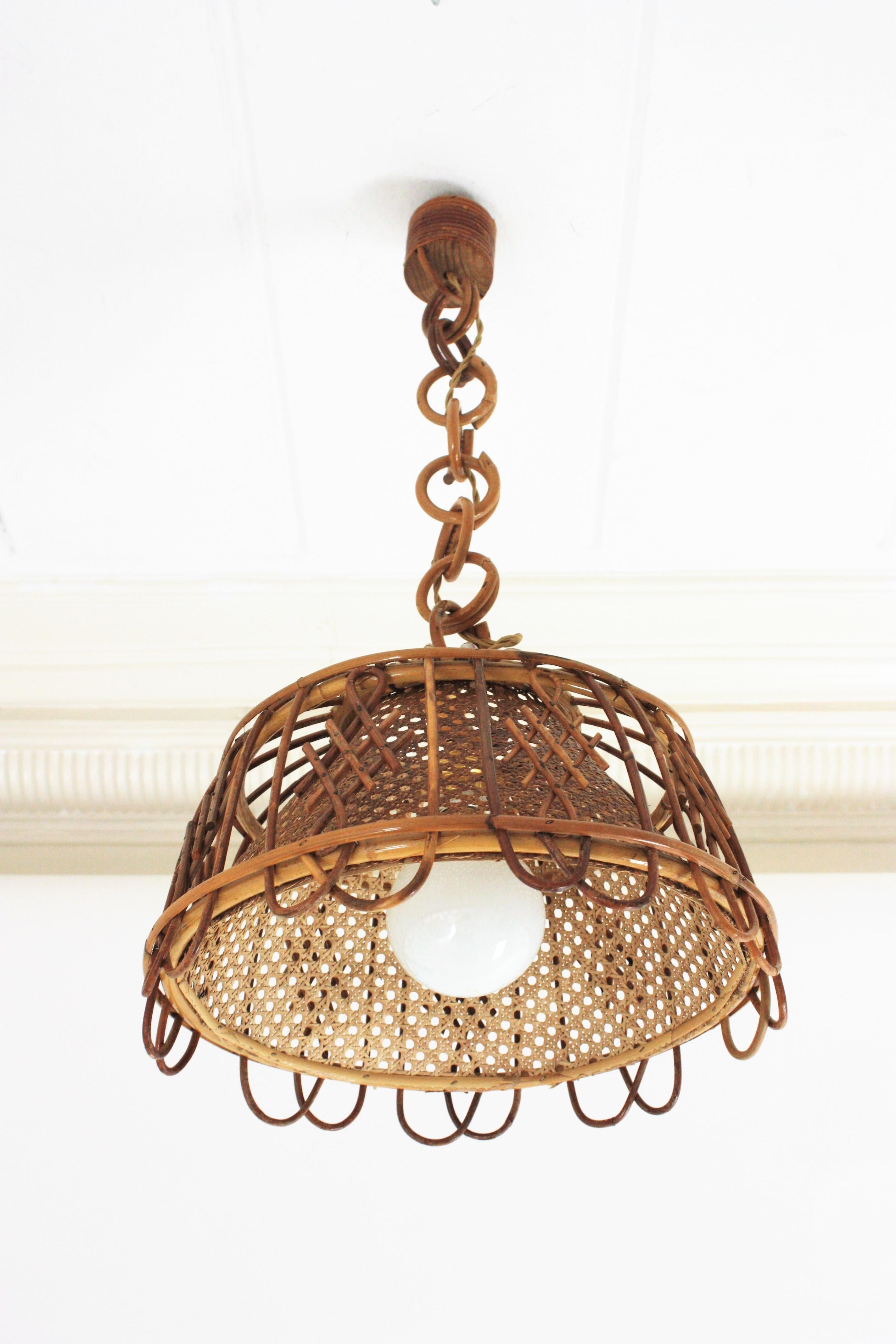 Rattan Wicker Wire Italian Modernist Pendant Hanging Light, 1960s For Sale 6