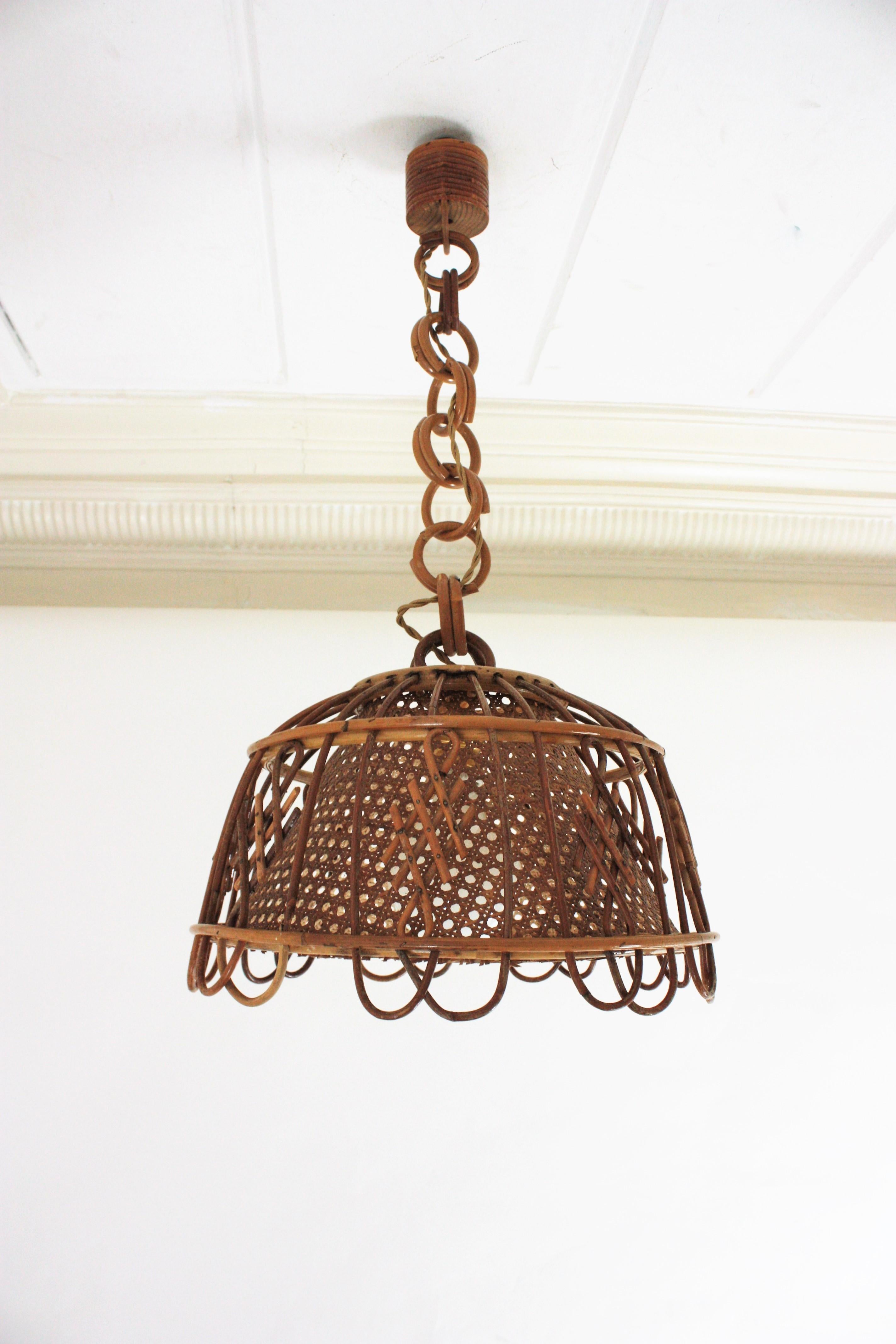 Rattan Wicker Wire Italian Modernist Pendant Hanging Light, 1960s For Sale 9