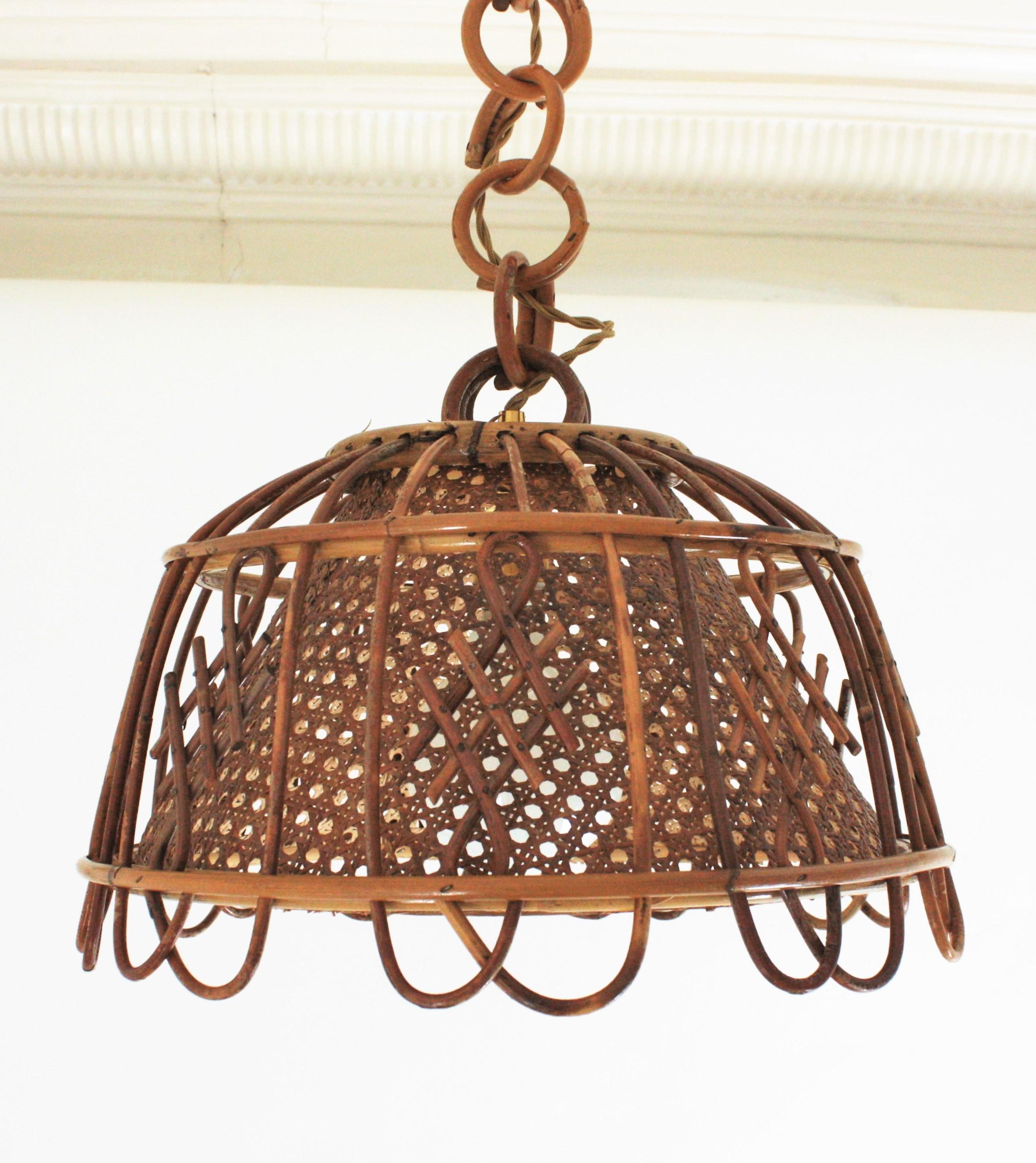 Rattan Wicker Wire Italian Modernist Pendant Hanging Light, 1960s For Sale 10