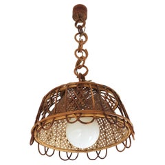 Suspension moderniste italienne en rotin et fil de fer, années 1960