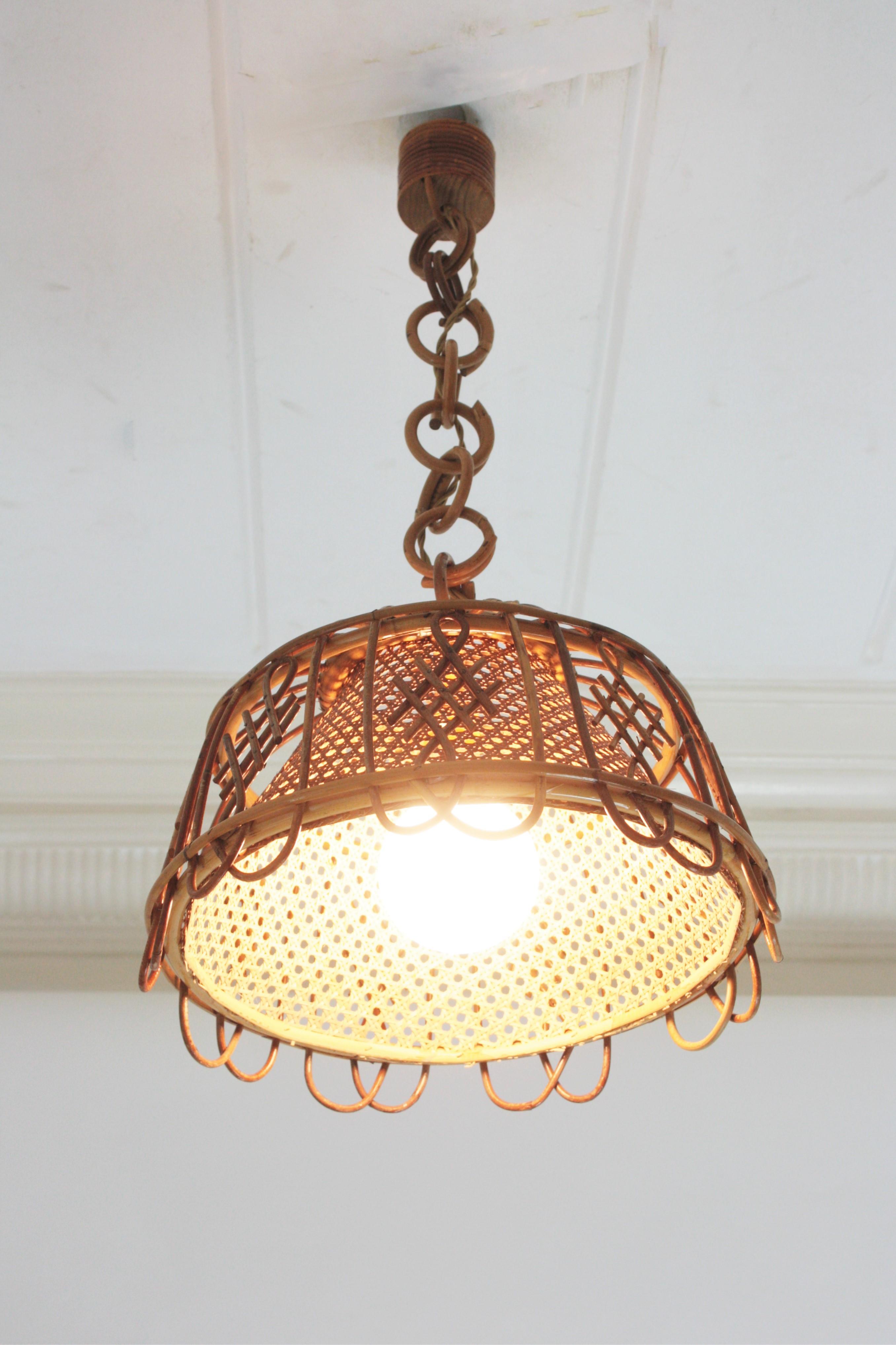 Rattan Wicker Wire Italian Modernist Pendant Hanging Light, 1960s For Sale 1
