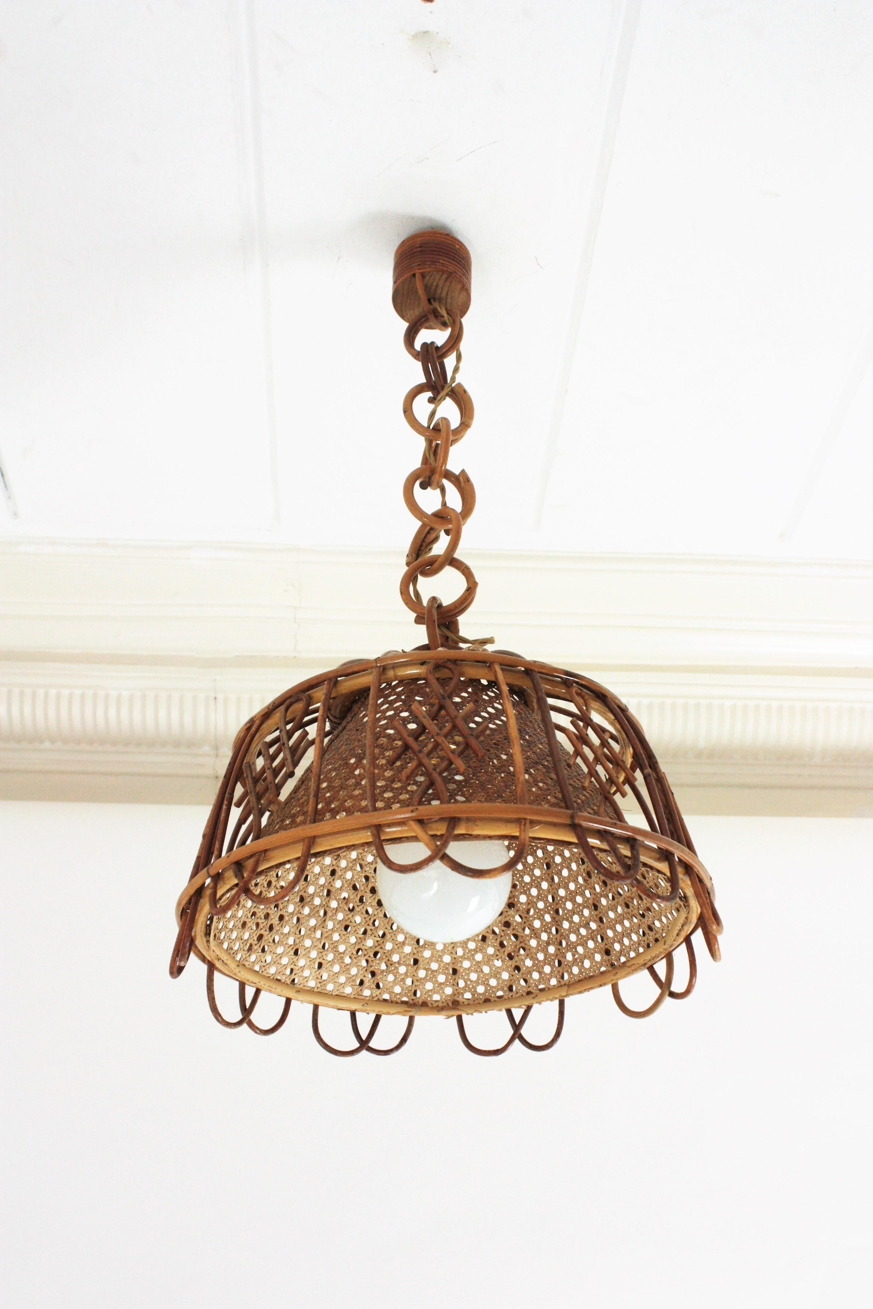 Rattan Wicker Wire Italian Modernist Pendant Hanging Light, 1960s For Sale 3