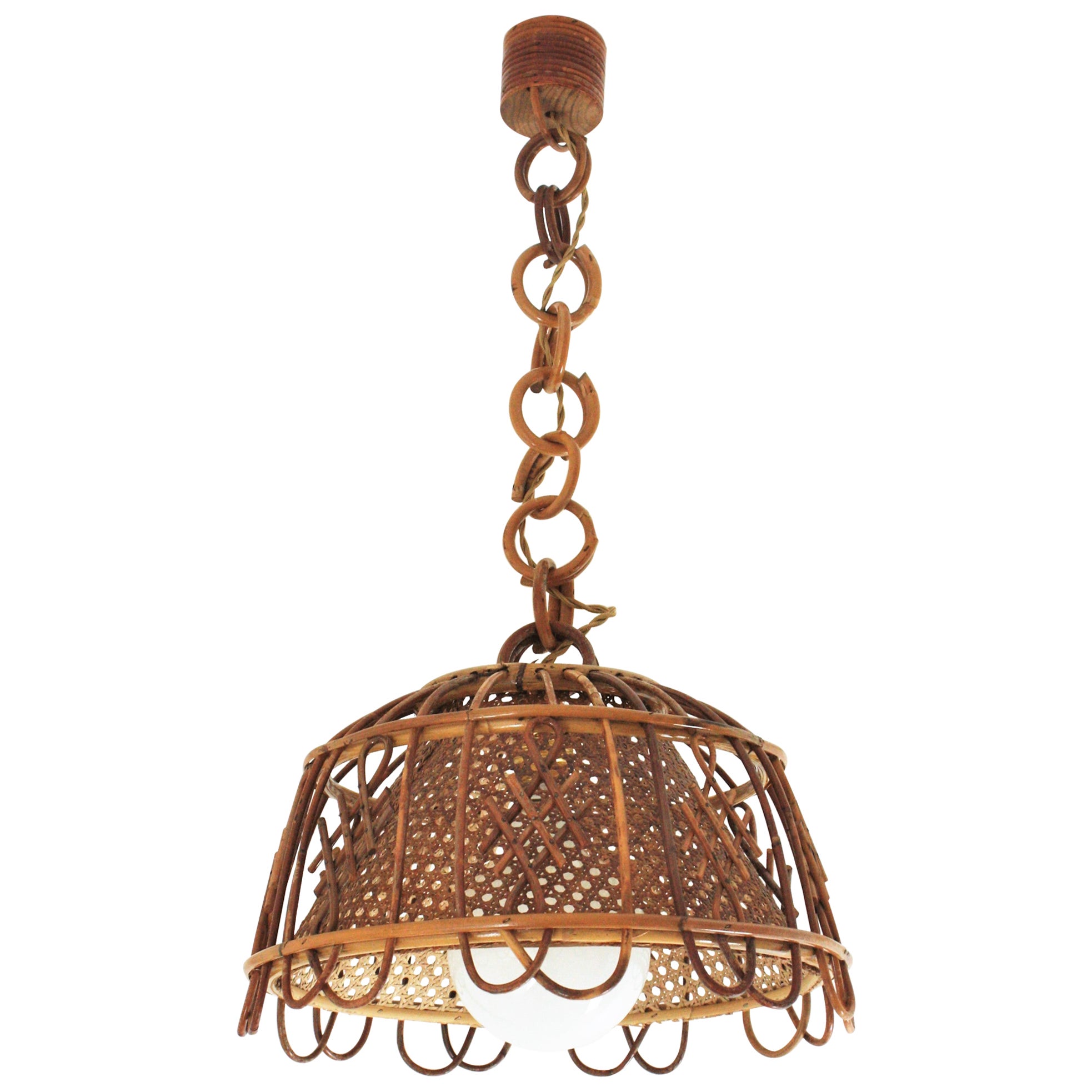 Rattan Wicker Wire Italian Modernist Pendant Hanging Light, 1960s