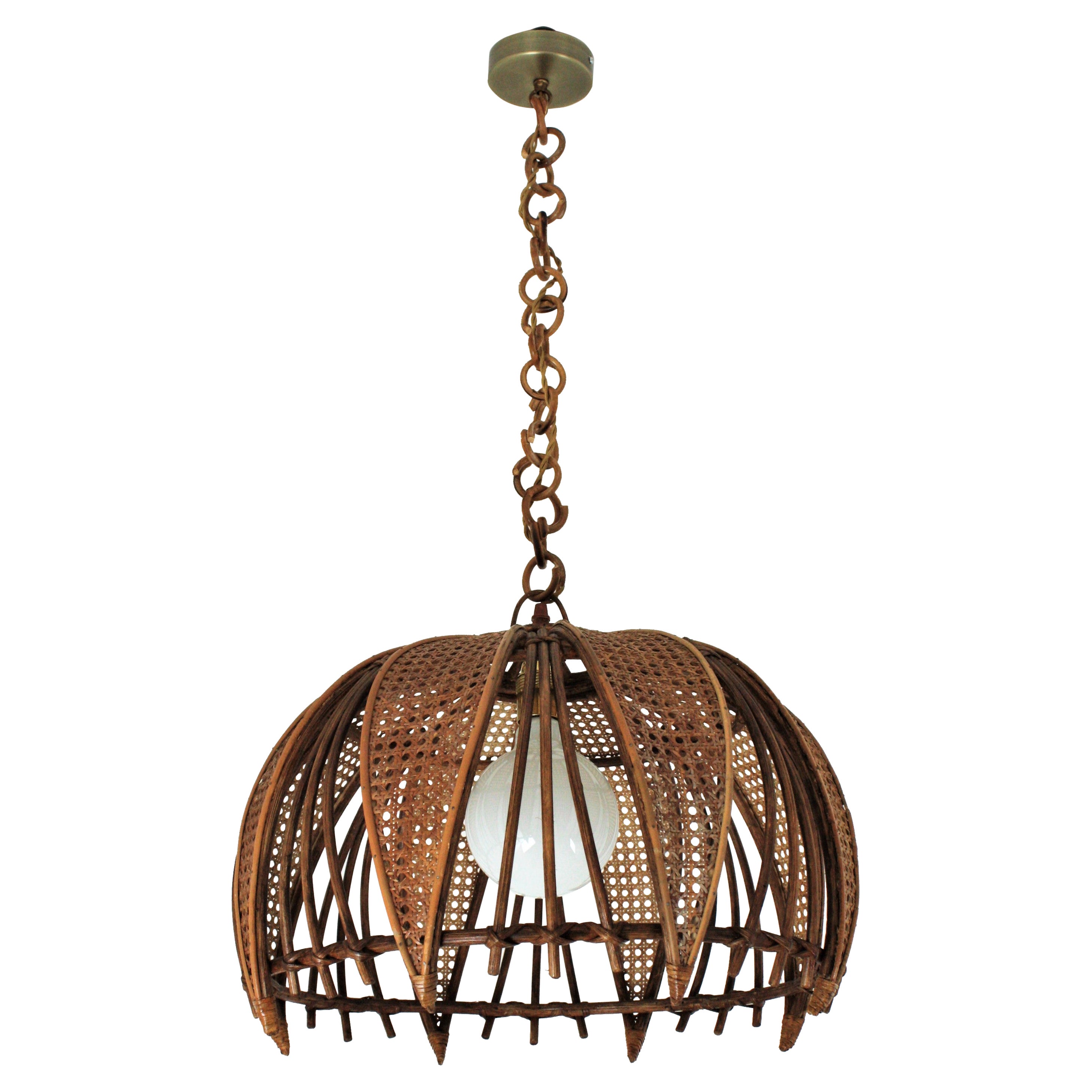 Rattan Wicker Wire Large Dome Pendant Hanging Light / Lantern, 1960s