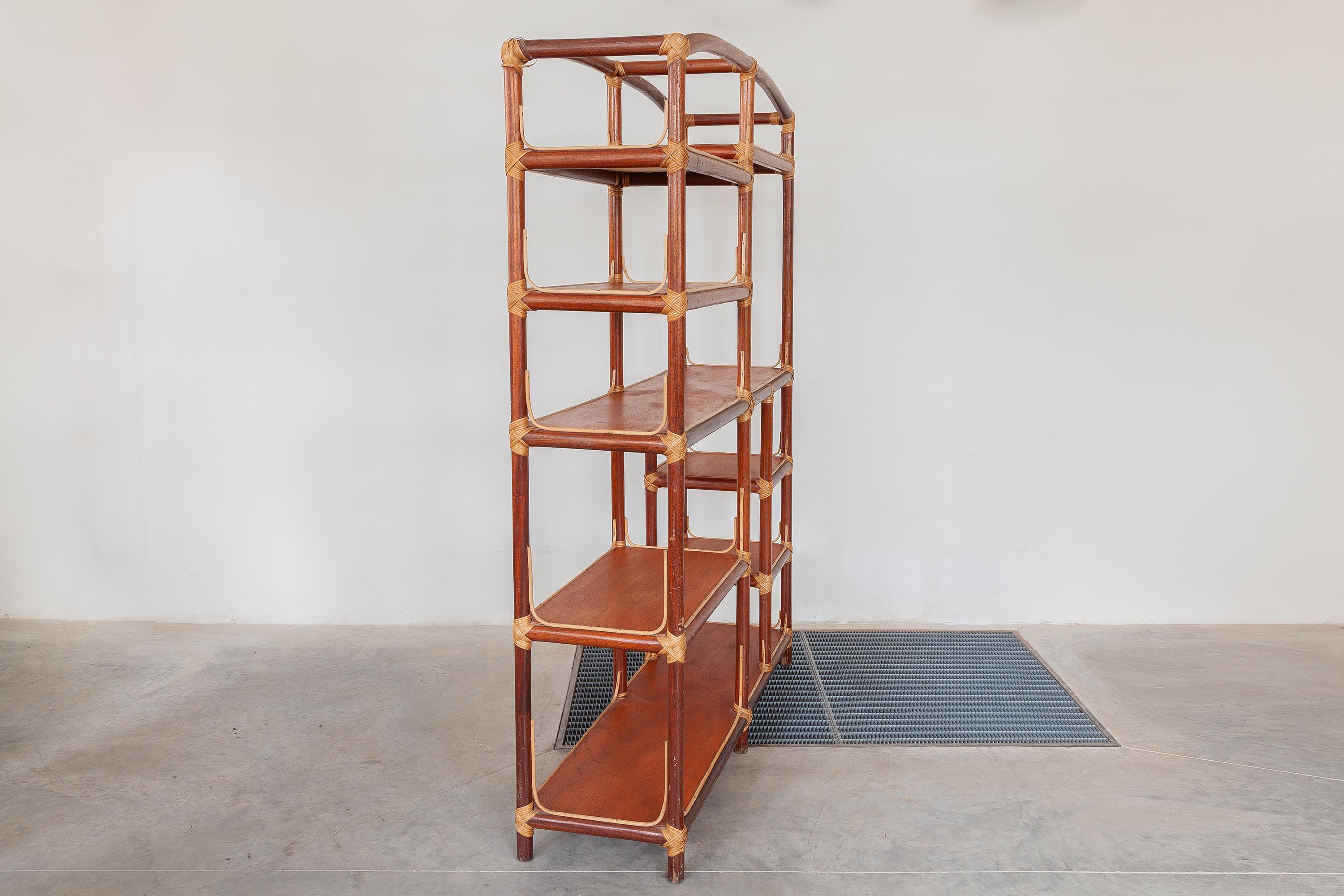 Italian Rattan Wicker Wood Wall Five Tiers Shelf Unit, Stand Storage, Book case, Étagère