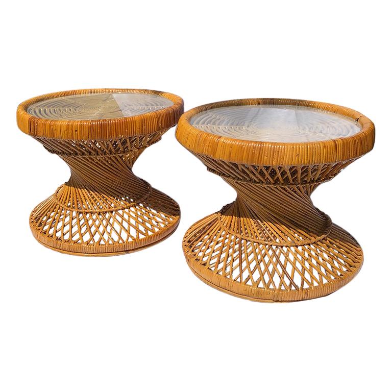 Rattan Wicker Wrapped Round Side Tables, Round Wicker End Table With Glass Top
