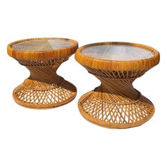 Vintage Rattan Wicker Wrapped Round Side Tables with Glass Top, a Pair 1970s