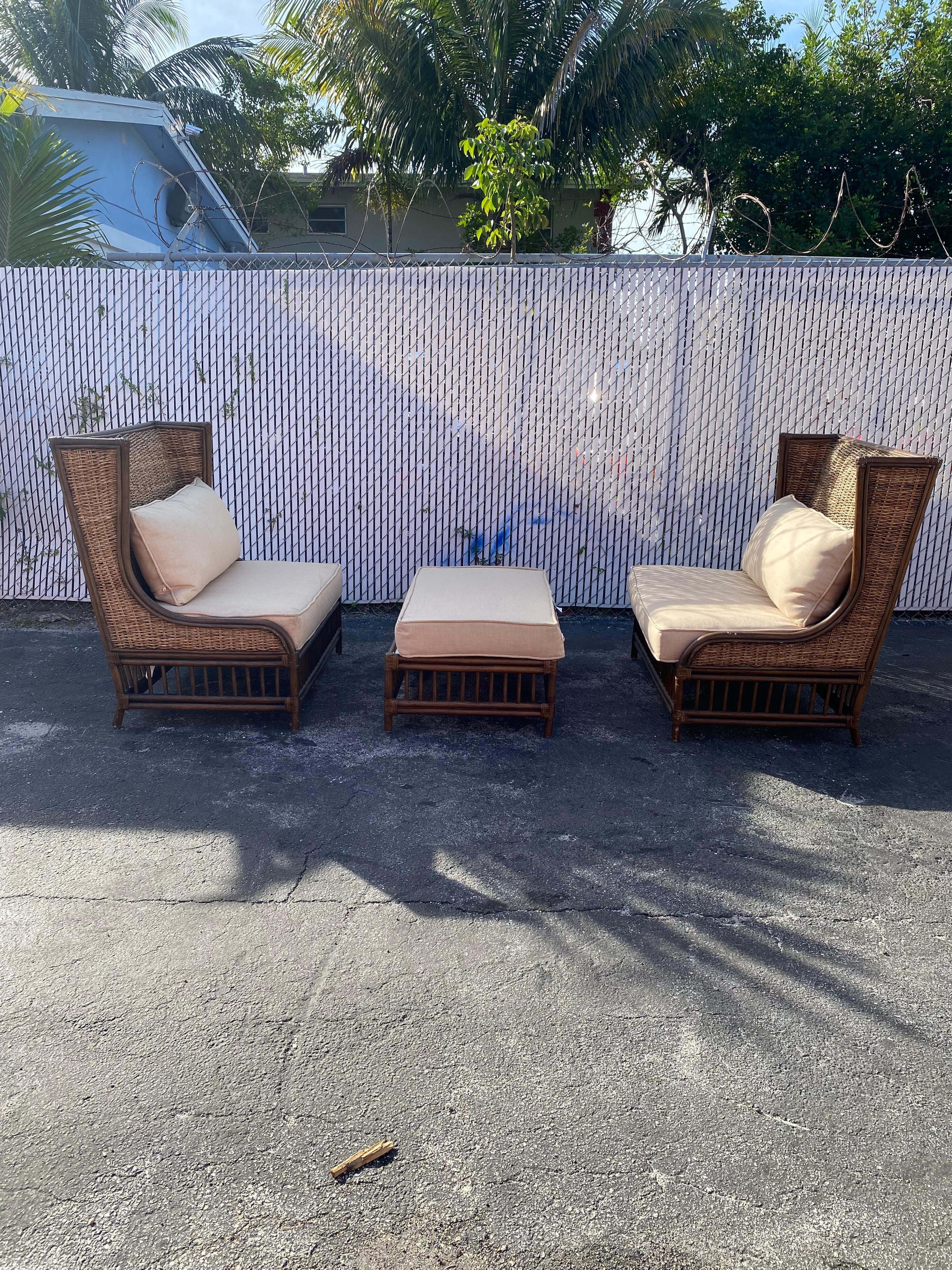 Rattan Wingback Settee Loveseat and Ottoman, set of 3 For Sale 4