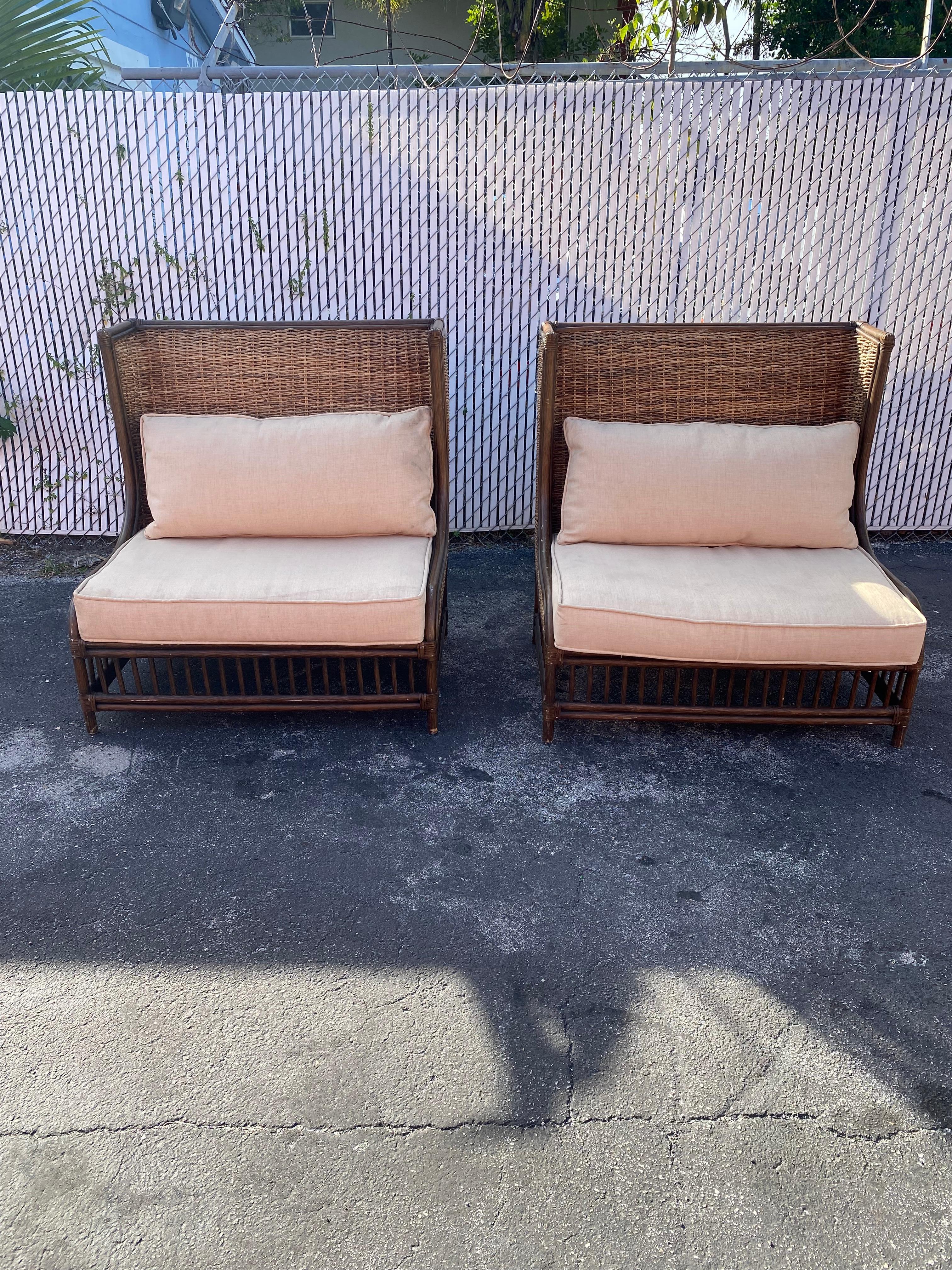 Bohemian Rattan Wingback Settee Loveseat and Ottoman, set of 3 For Sale