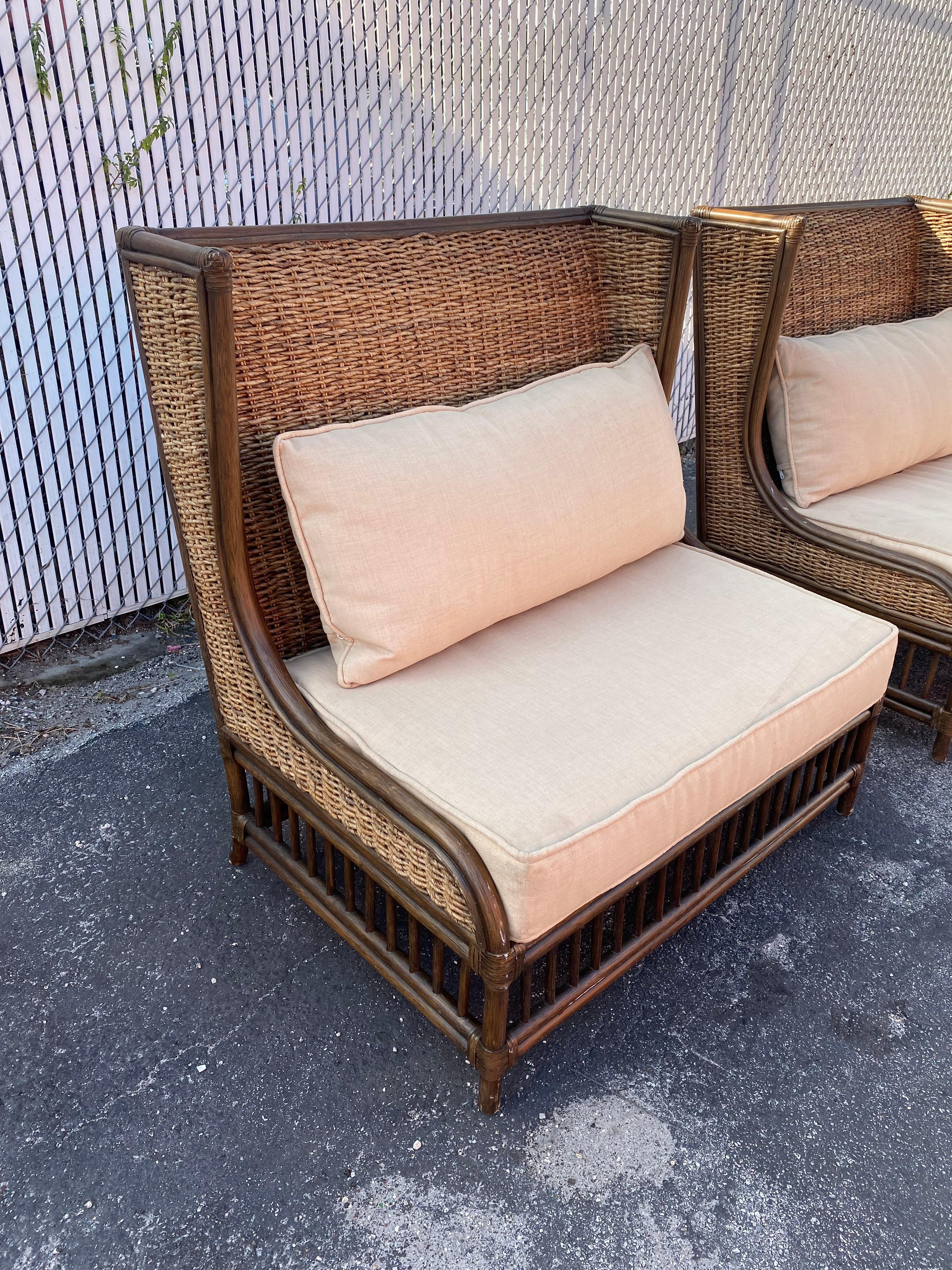 American Rattan Wingback Settee Loveseat and Ottoman, set of 3 For Sale