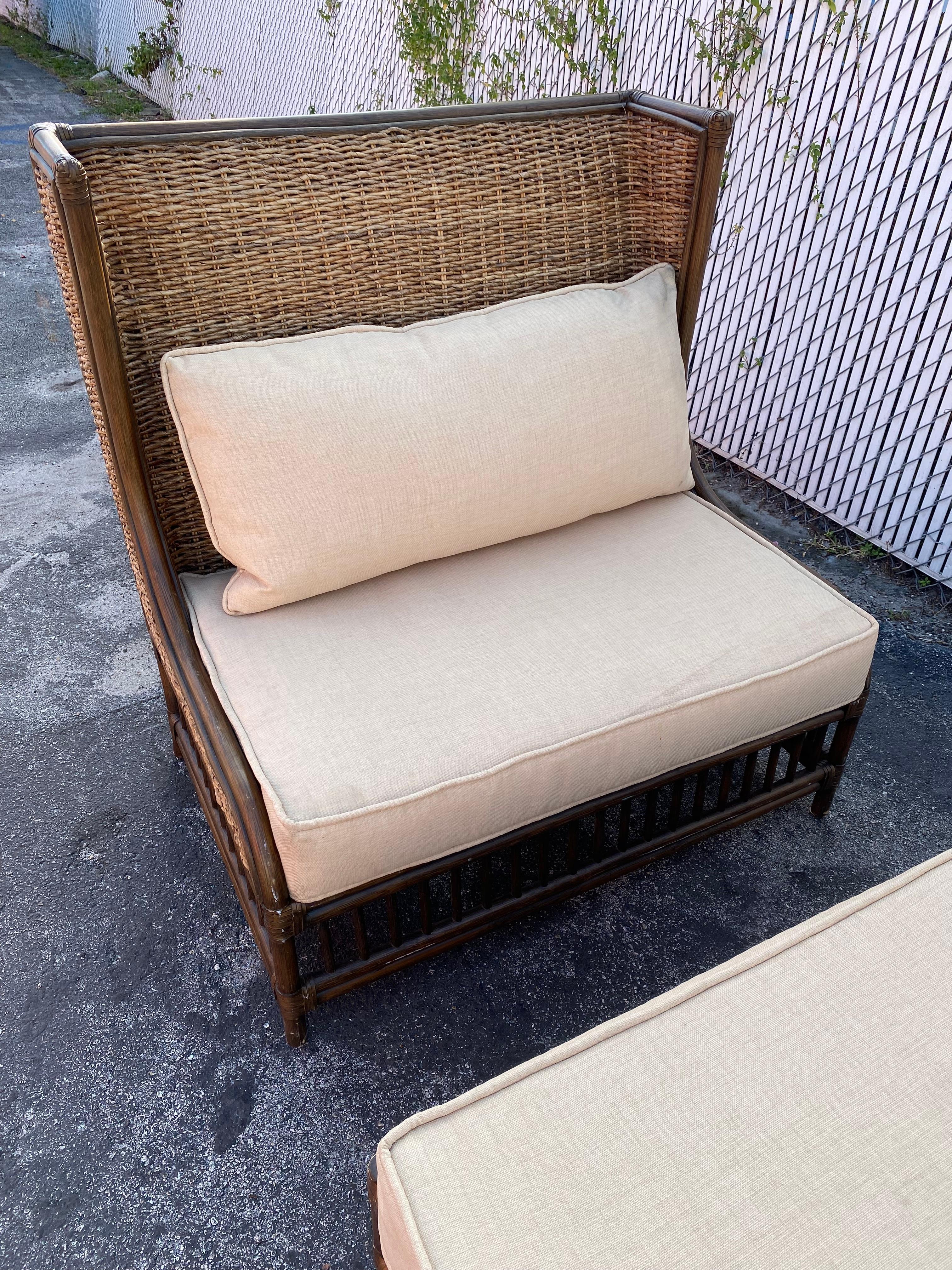 Rattan Wingback Settee Loveseat and Ottoman, set of 3 For Sale 1