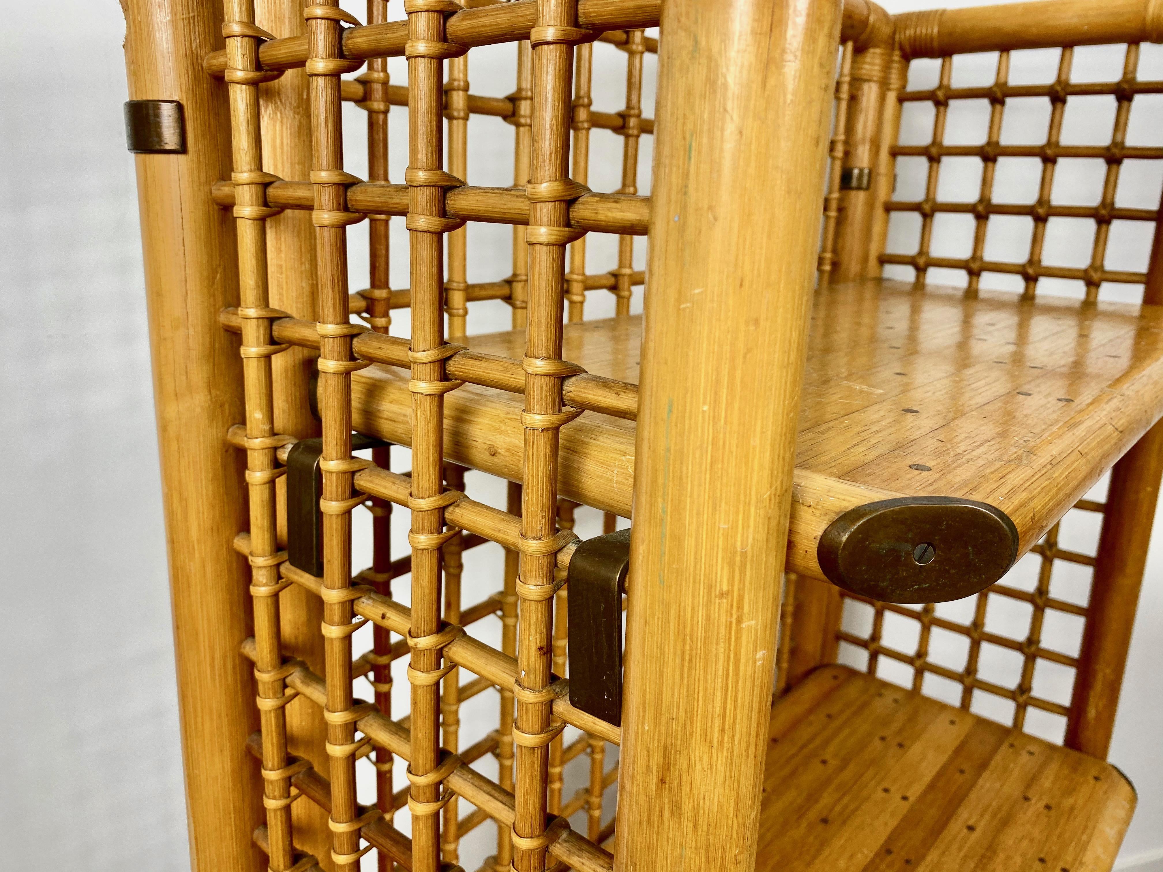 Rattan, Wood and Brass Etagere Bookcase Shelf, Italy, 1960s 4