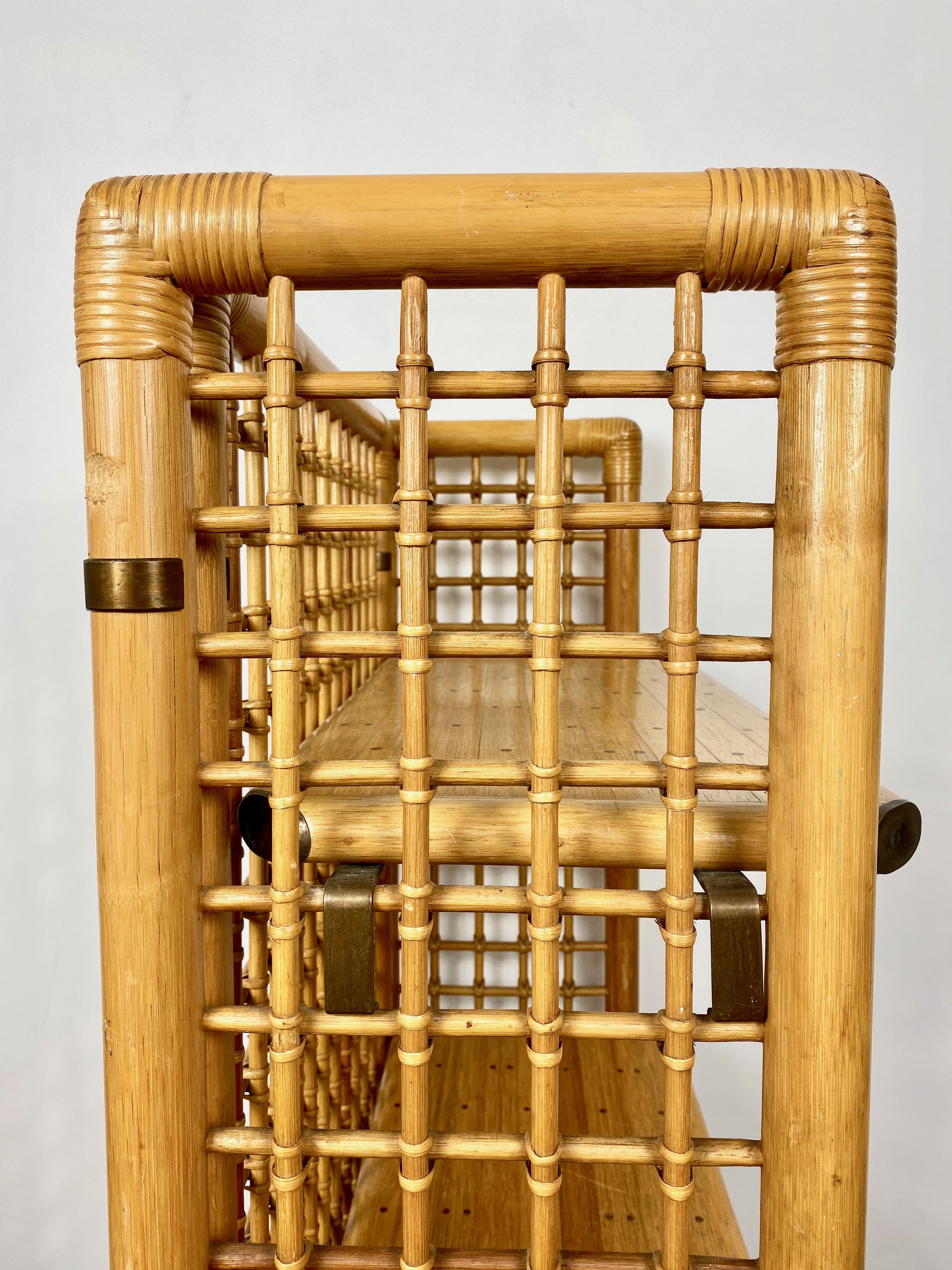 Rattan, Wood and Brass Etagere Bookcase Shelf, Italy, 1960s 5