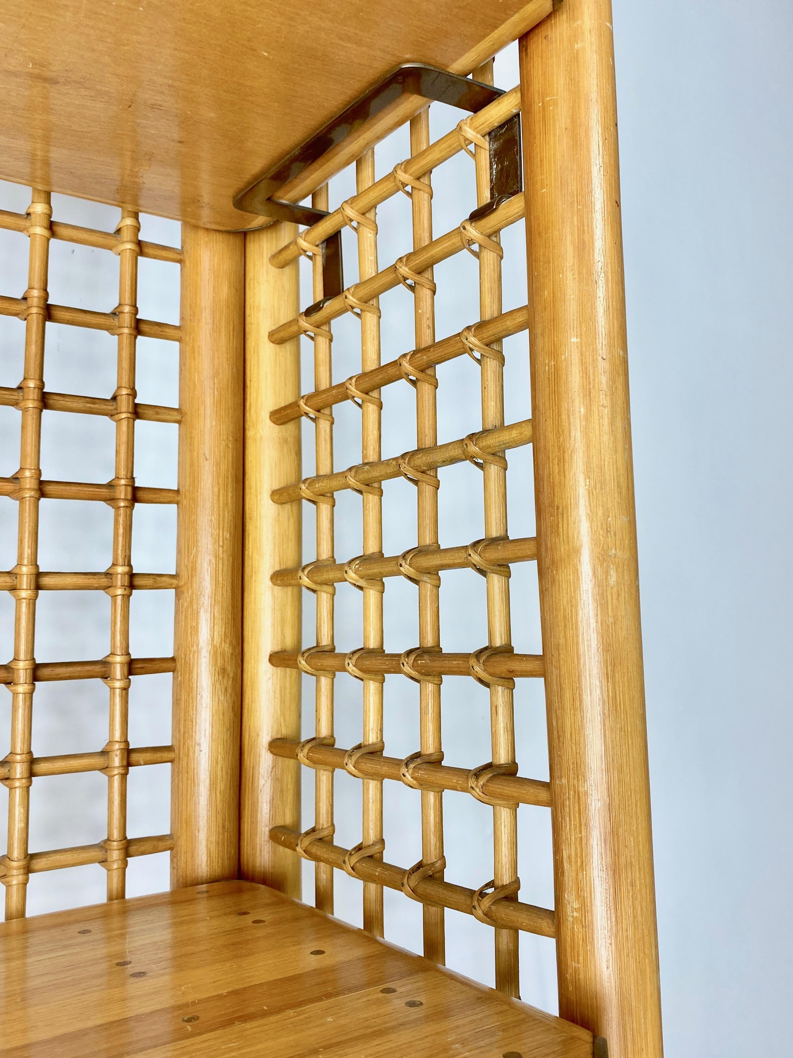 Rattan, Wood and Brass Etagere Bookcase Shelf, Italy, 1960s 6